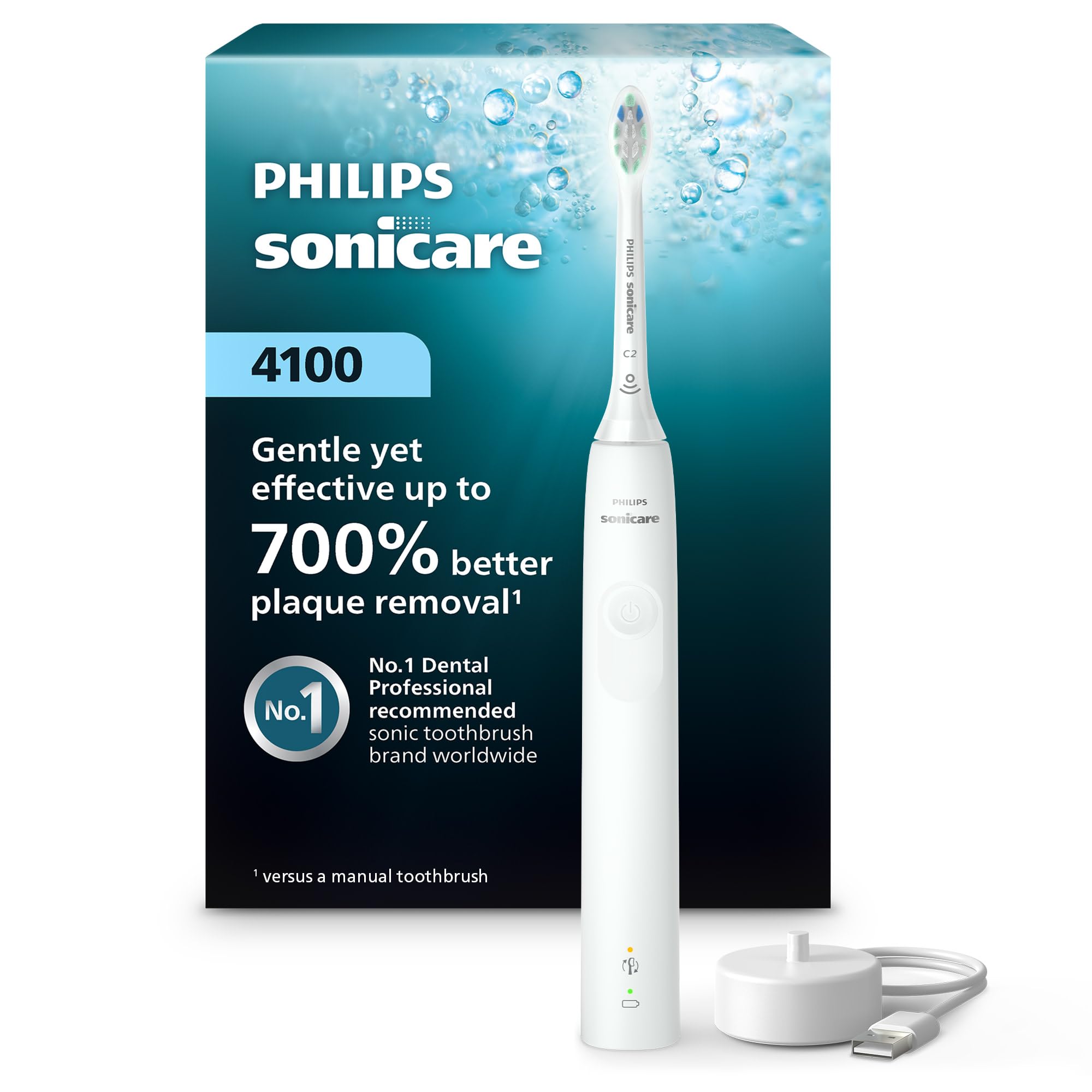Philips Sonicare 4100 frontal mostrando mango blanco y limpieza eficaz