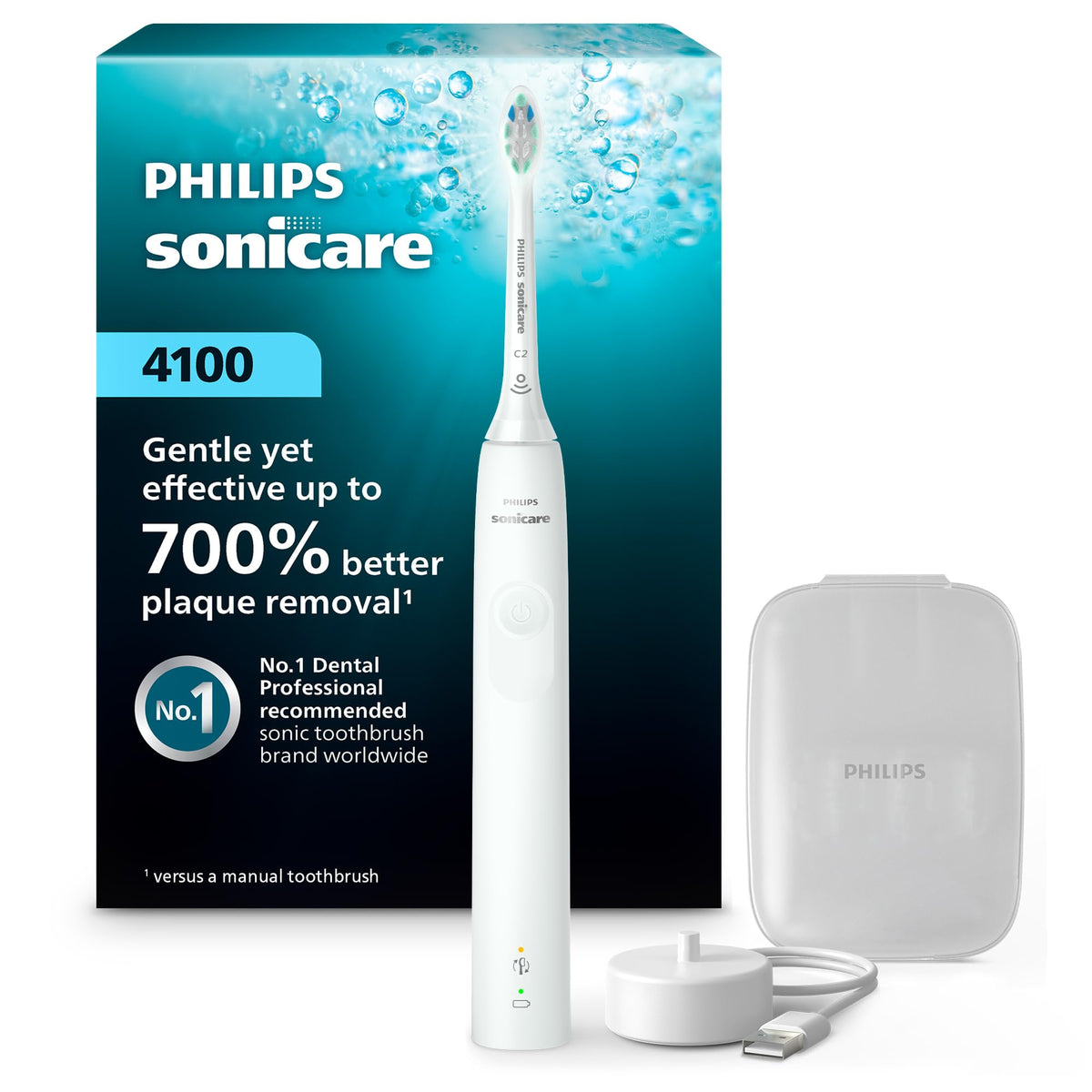 Philips Sonicare 4100 vista frontal con diseño blanco y agarre cómodo