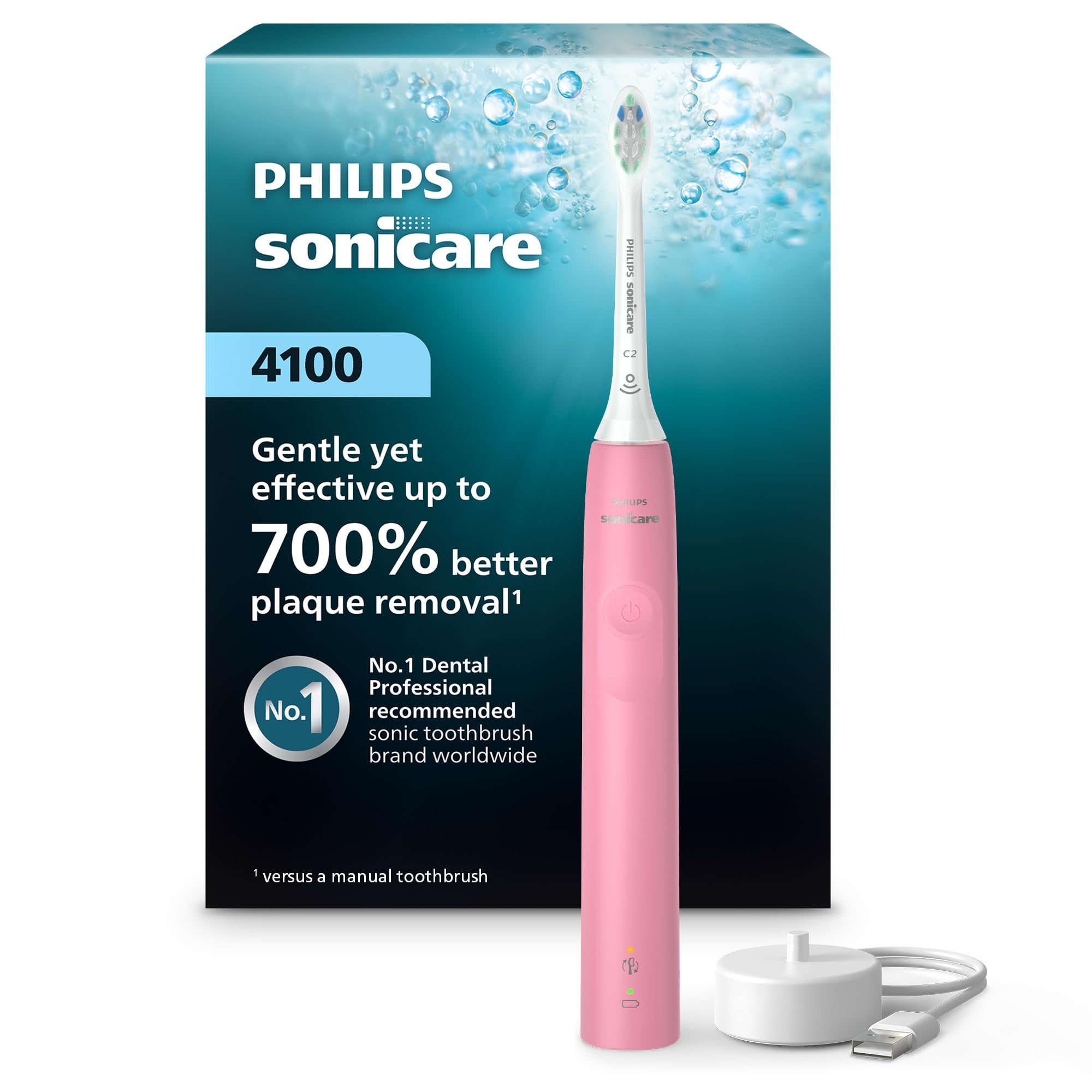 Philips Sonicare vista frontal del cepillo mostrando diseño compacto y ergonomía