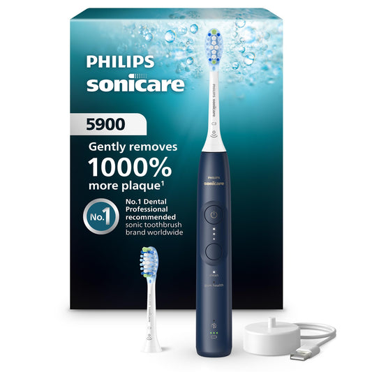 Philips Sonicare frontal del cepillo mostrando diseño y color azul marino, limpieza eficaz