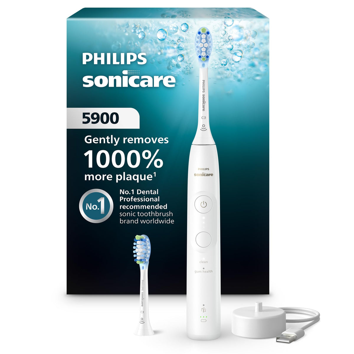 Philips Sonicare 5900 frontal mostrando diseño ergonómico y limpieza eficaz