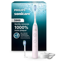Philips Sonicare 5900 frontal con mango rosa mostrando controles y diseño ergonómico