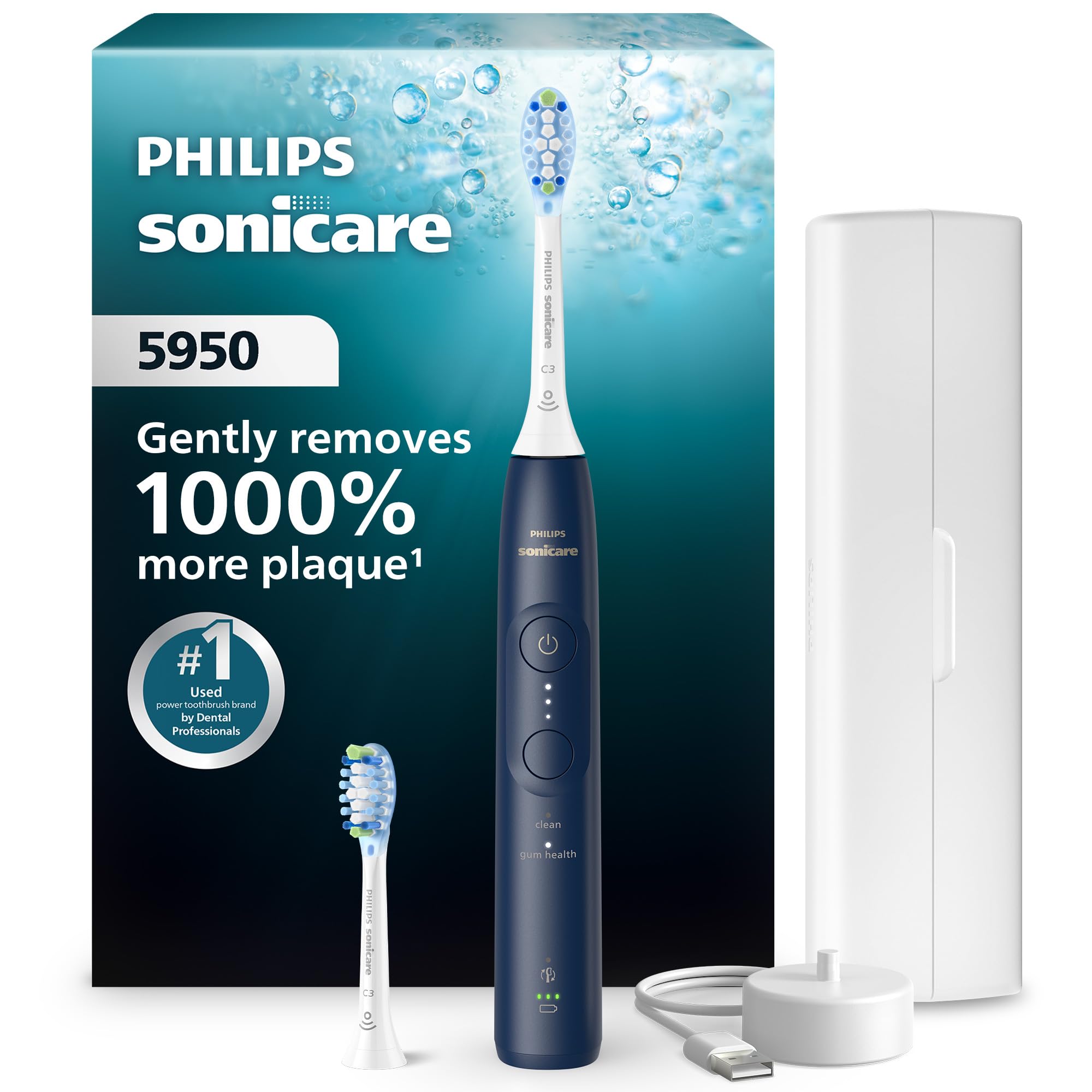 Philips Sonicare 5950 frontal azul marino muestra diseño ergonómico y limpieza eficaz