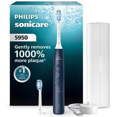 Philips Sonicare 5950 frontal azul marino muestra diseño ergonómico y limpieza eficaz