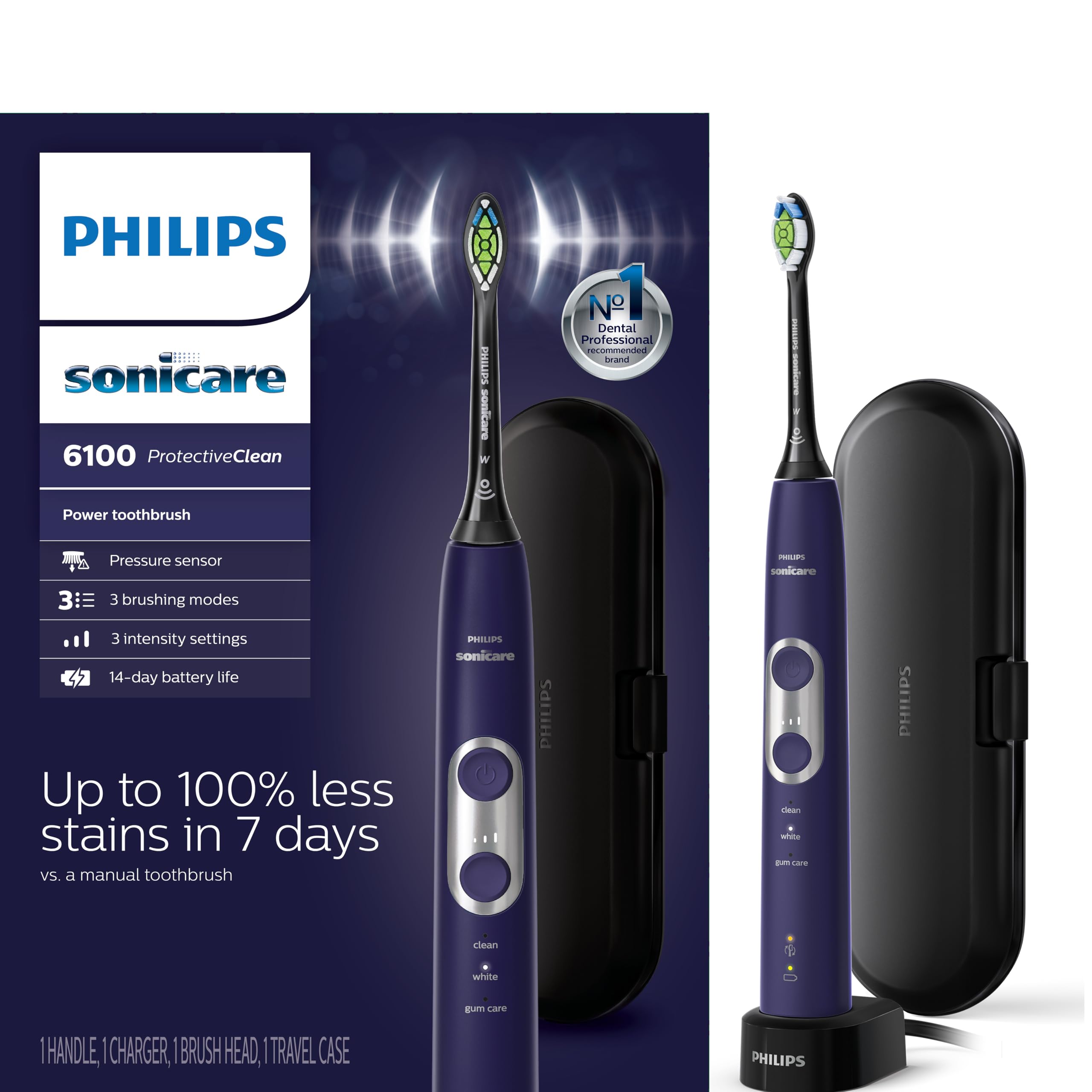Philips Sonicare 6100 frente y empaque muestra diseño Deep Purple y beneficio estético