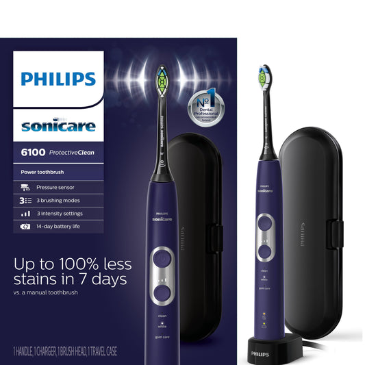 Philips Sonicare 6100 frente y empaque muestra diseño Deep Purple y beneficio estético