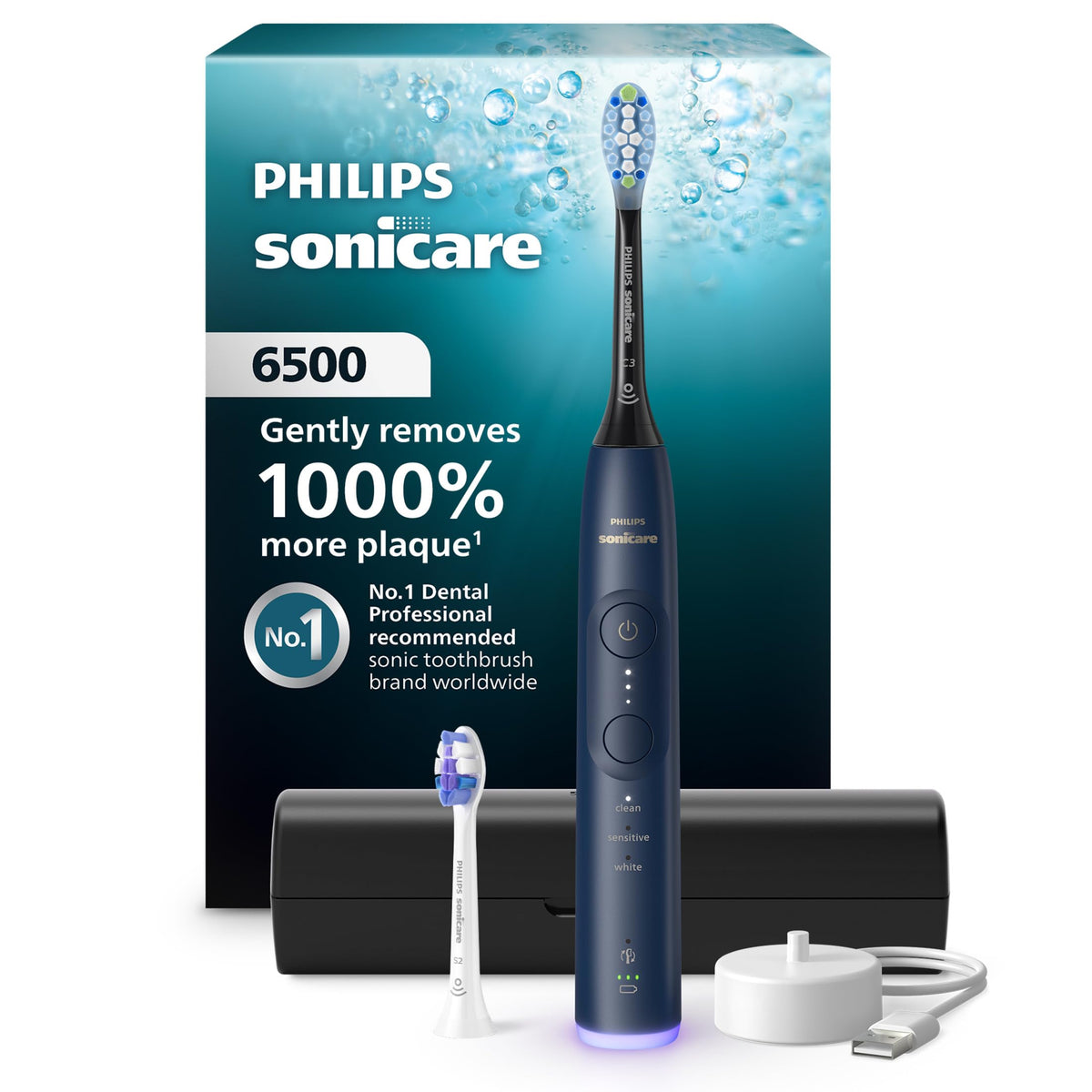Philips Sonicare 6500 frontal navy mostrando diseño ergonómico y acabado elegante