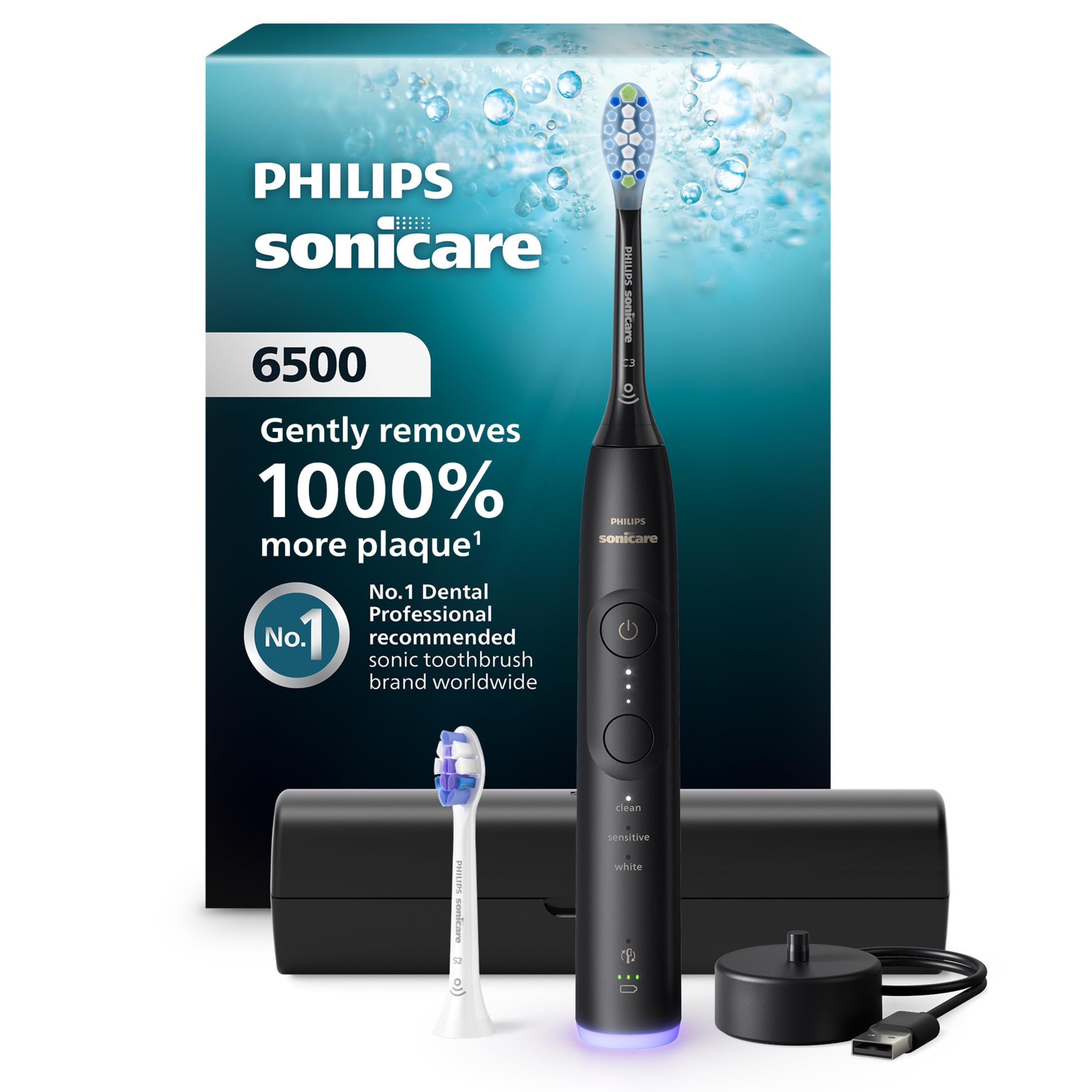 Philips Sonicare cepillo frontal negro mostrando diseño elegante y ergonomía