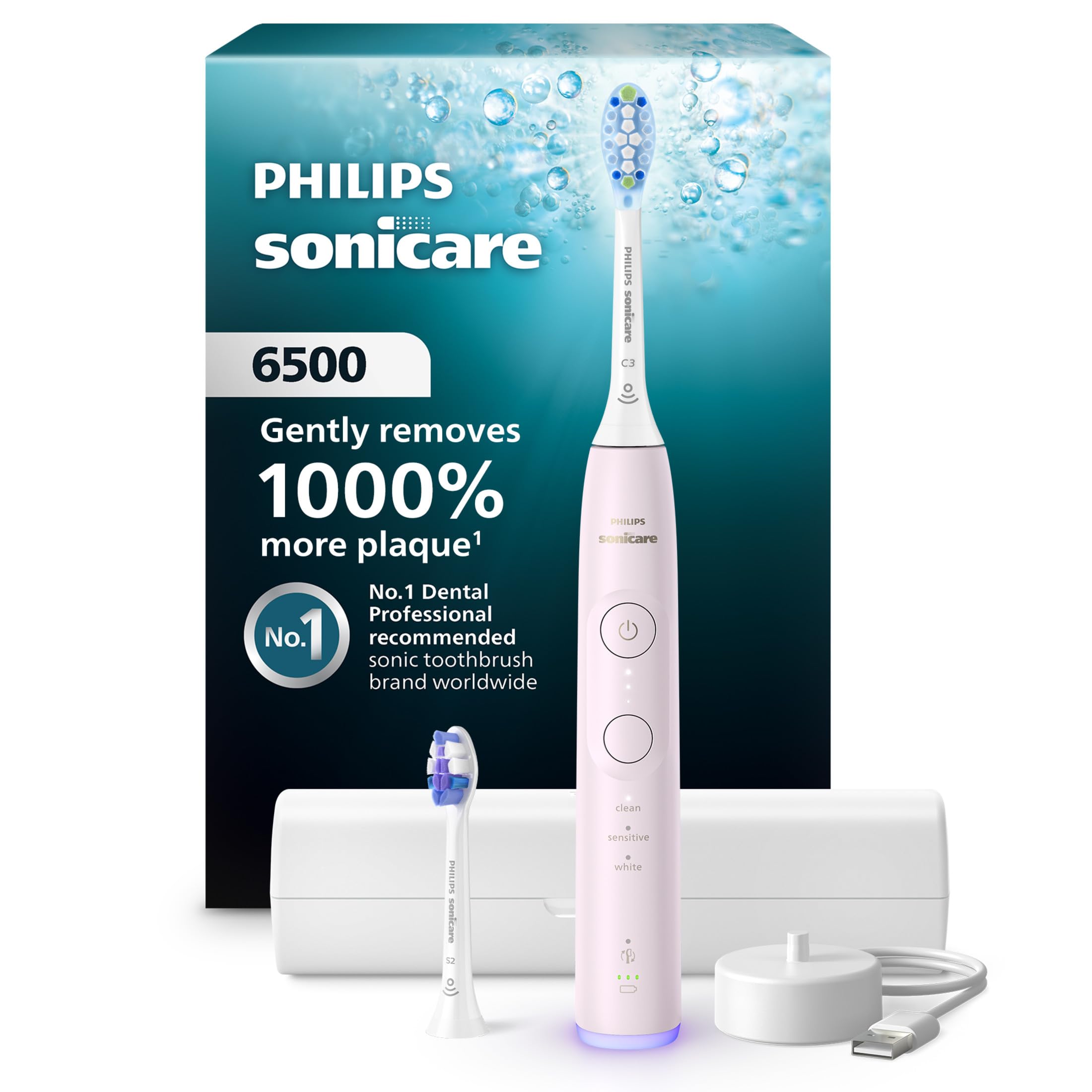 Philips Sonicare 6500 frontal rosa mostrando diseño y potencia