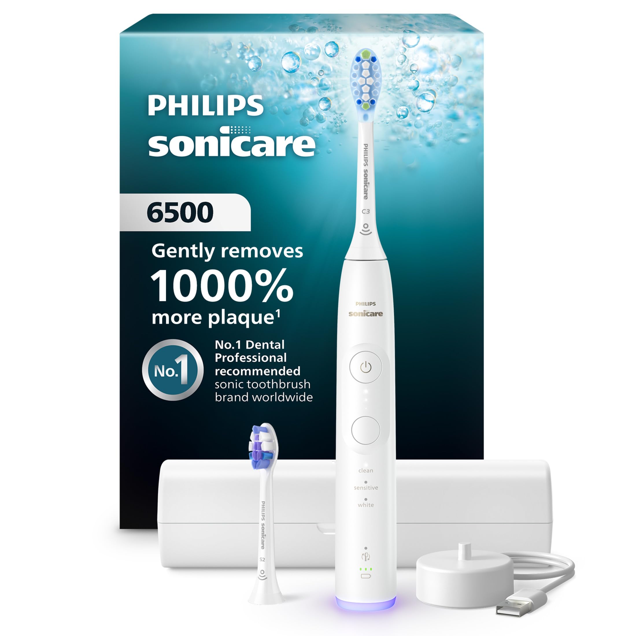 Philips Sonicare 6500 vista frontal mostrando diseño ergonómico y control