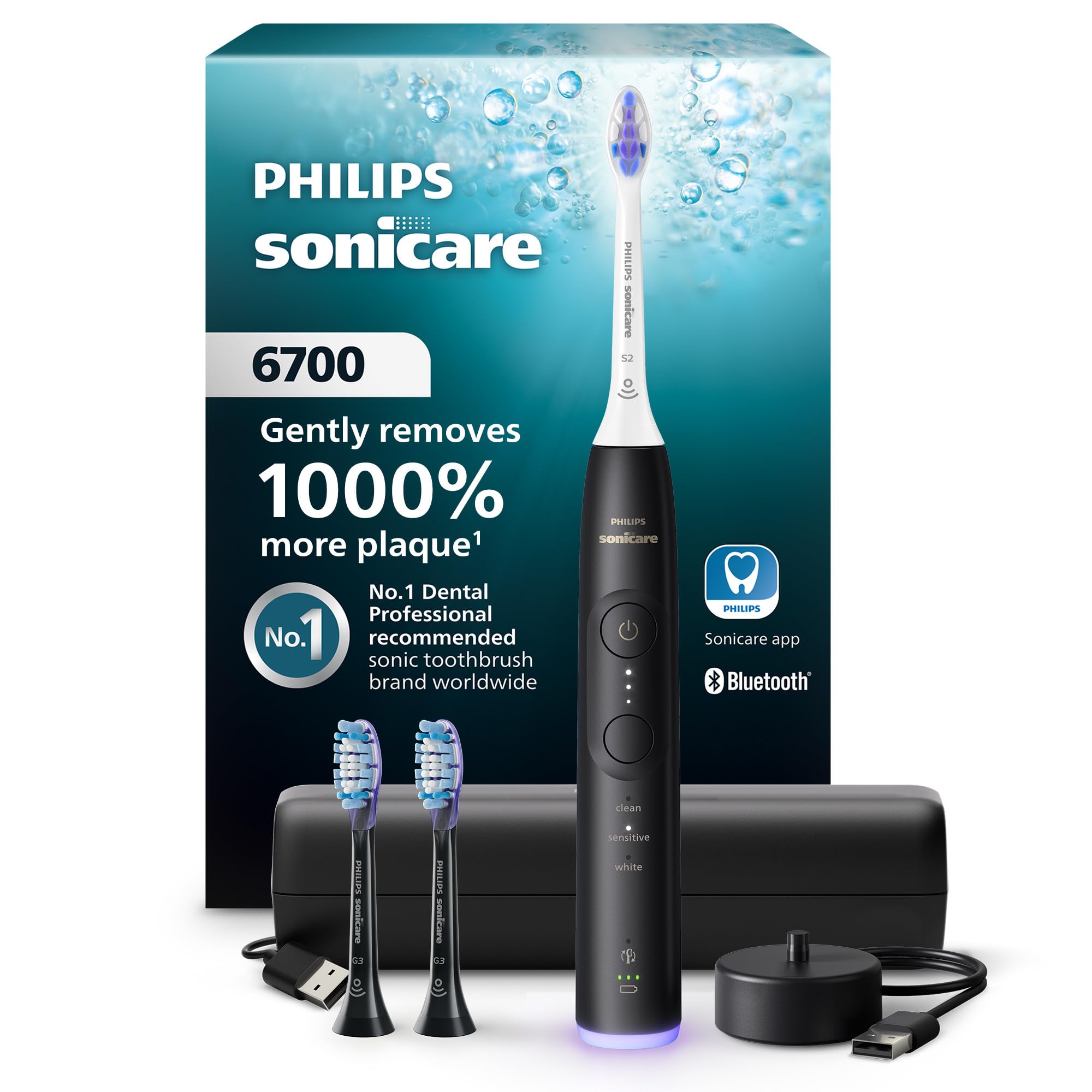 Philips Sonicare 6700 frontal en negro mostrando diseño elegante y limpieza superior
