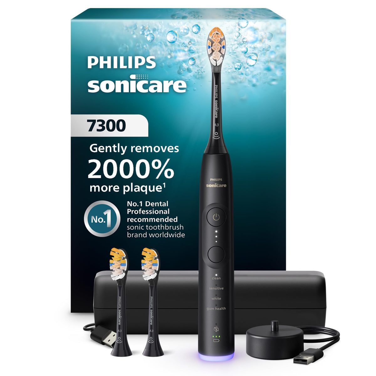 Philips Sonicare vista frontal del cepillo negro con cabezal, limpieza eficaz