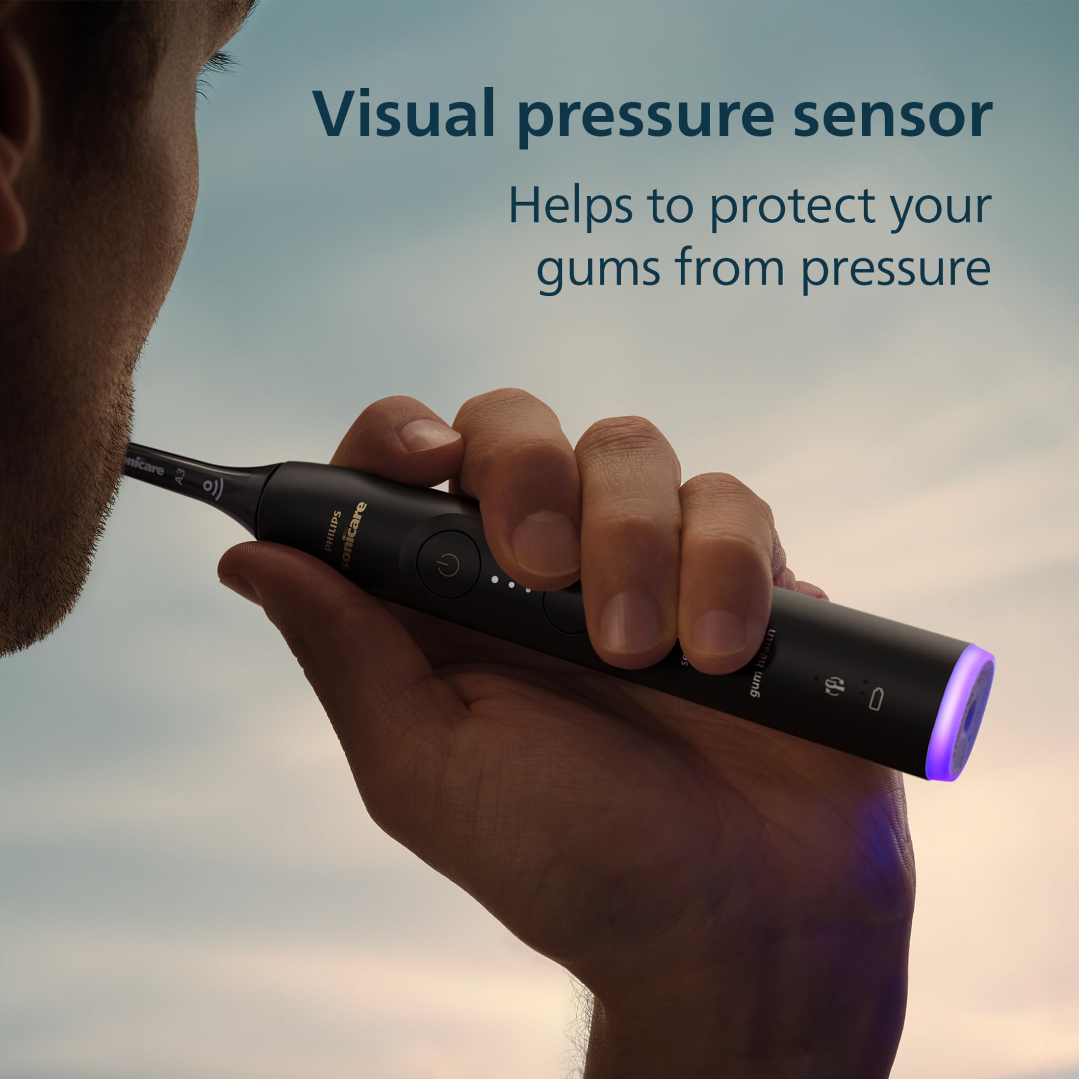 Philips Sonicare pantalla y botones mostrando modos y niveles de intensidad