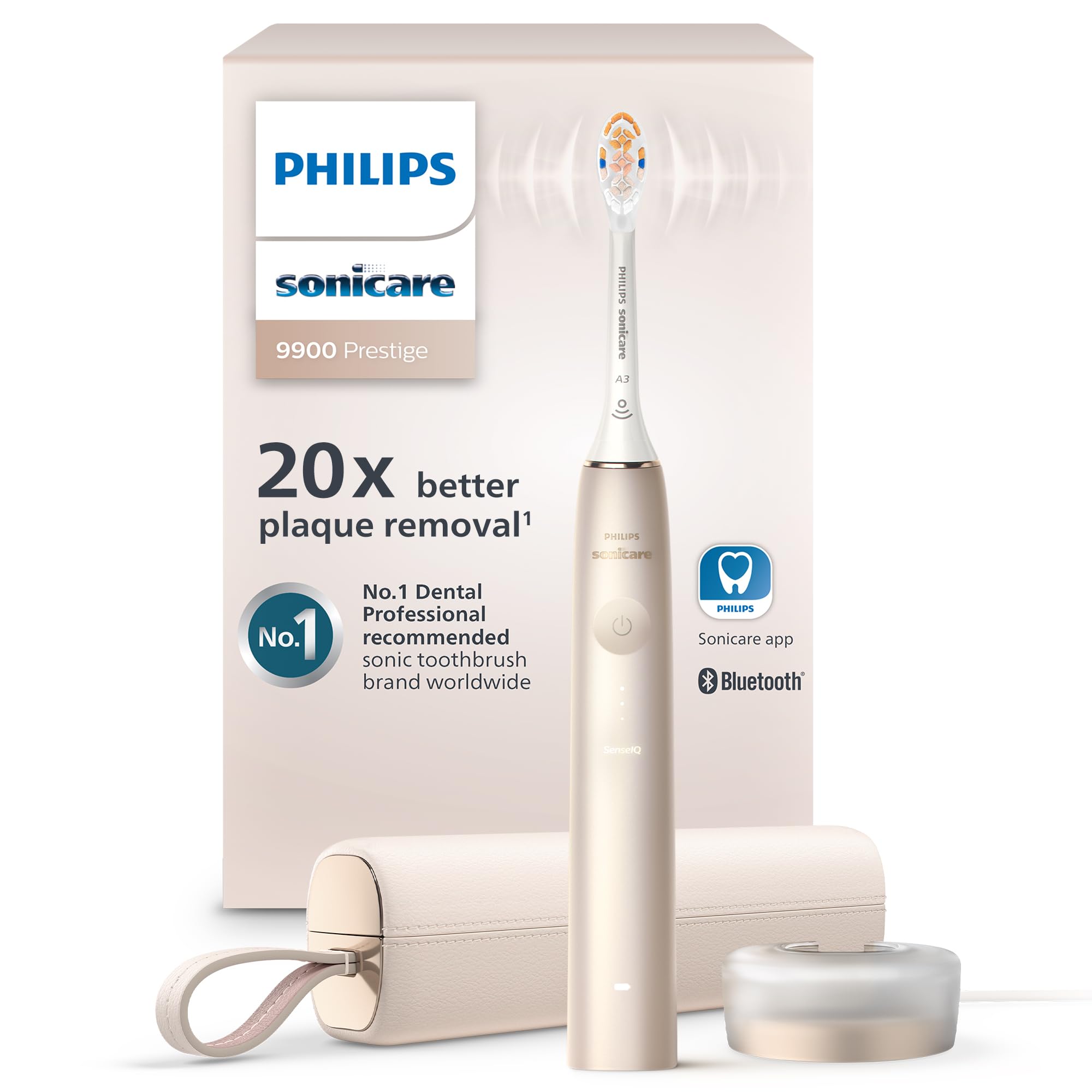 Philips Sonicare 9900 Prestige frontal champagne mostrando diseño elegante y limpieza eficaz