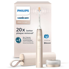 Philips Sonicare 9900 Prestige frontal champagne mostrando diseño elegante y limpieza eficaz