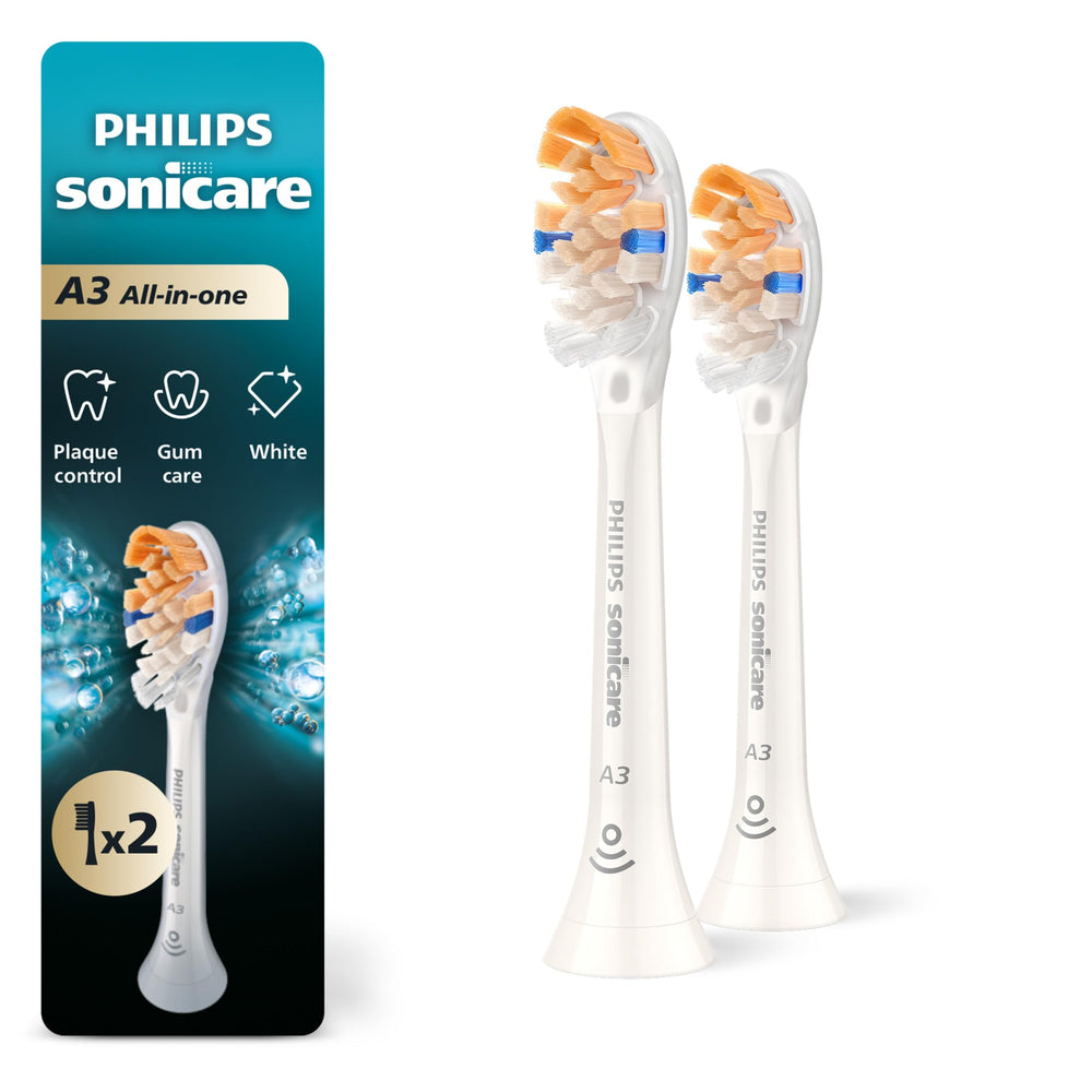 Philips Sonicare vista frontal del envase con dos cabezales, confianza y calidad
