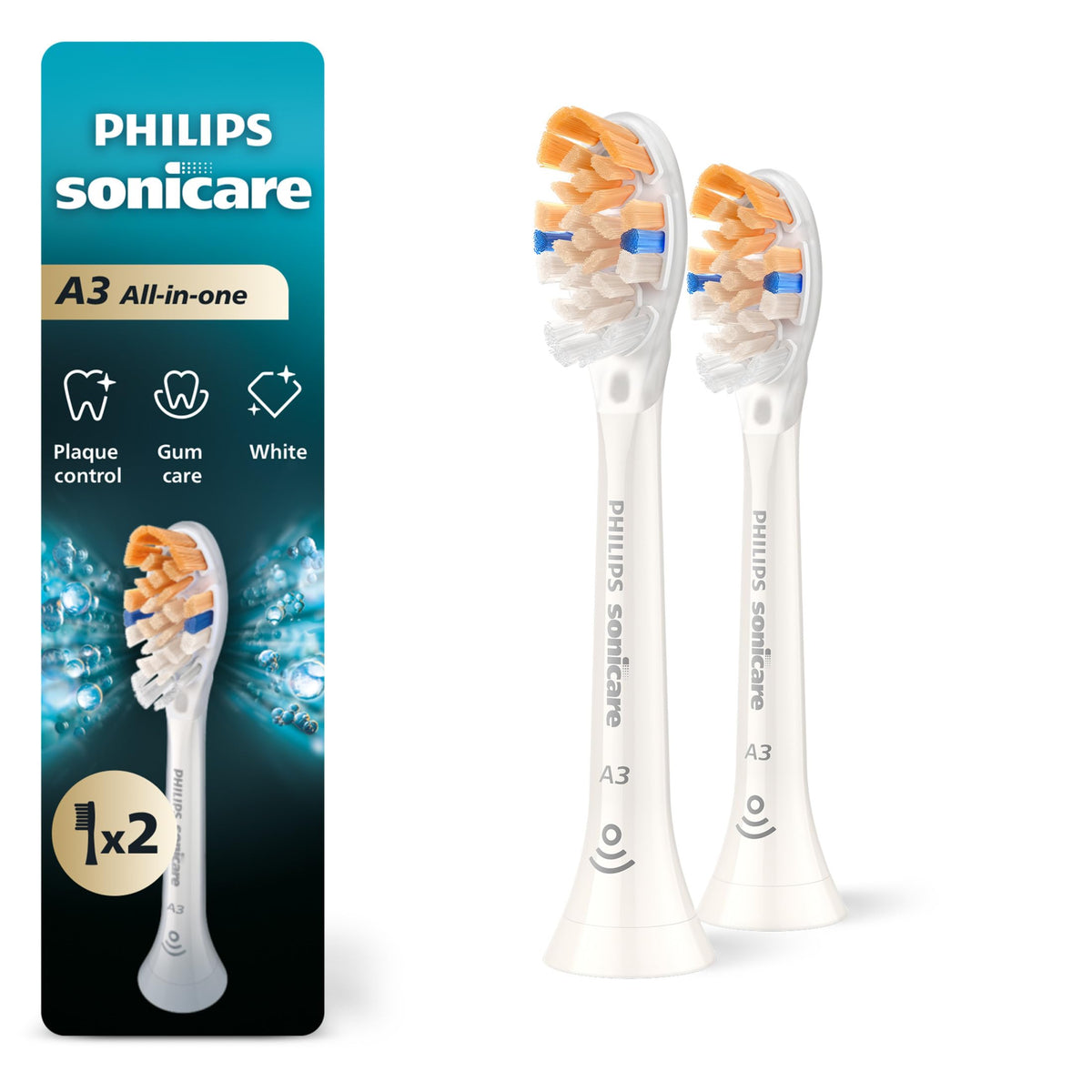 Philips Sonicare vista frontal del envase con dos cabezales, confianza y calidad
