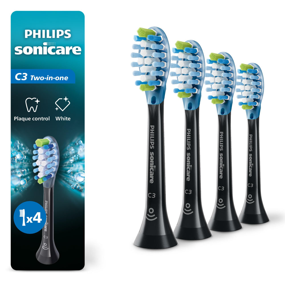 Philips Sonicare vista frontal del envase mostrando cuatro cabezas y beneficios ecológicos