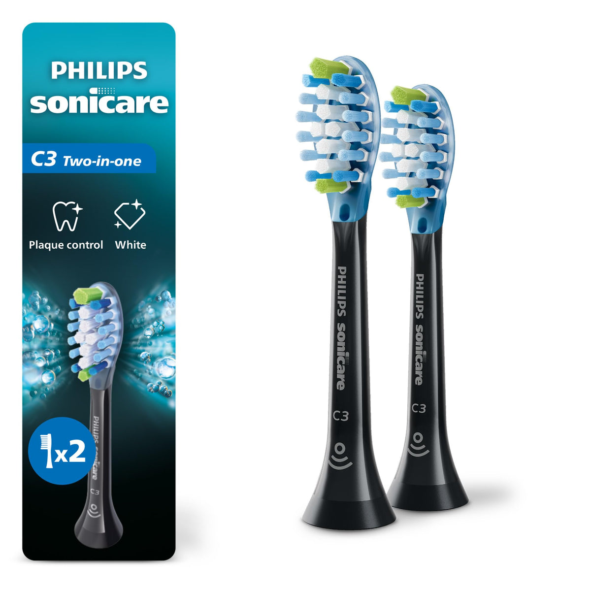 Philips Sonicare cabezales C3 frontal mostrando pack y beneficio limpieza profunda