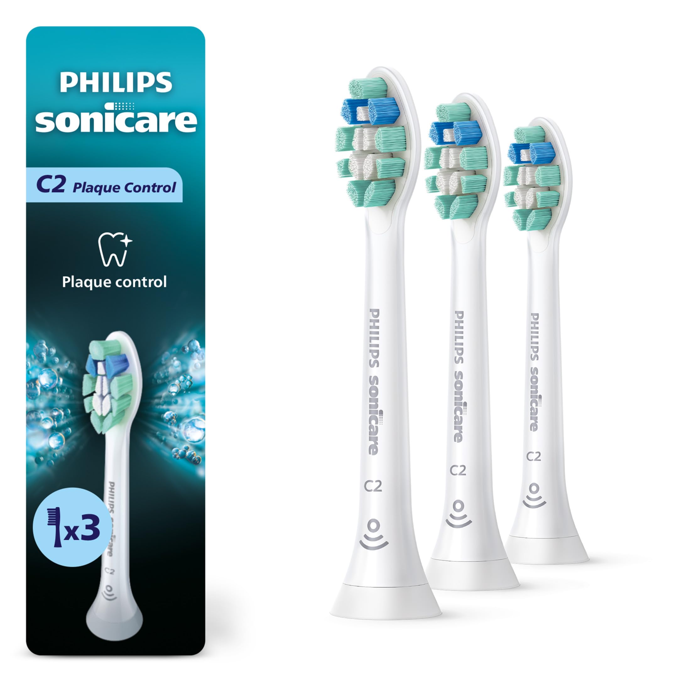 Philips Sonicare pack frontal mostrando tres cabezales, reposición para limpieza eficaz