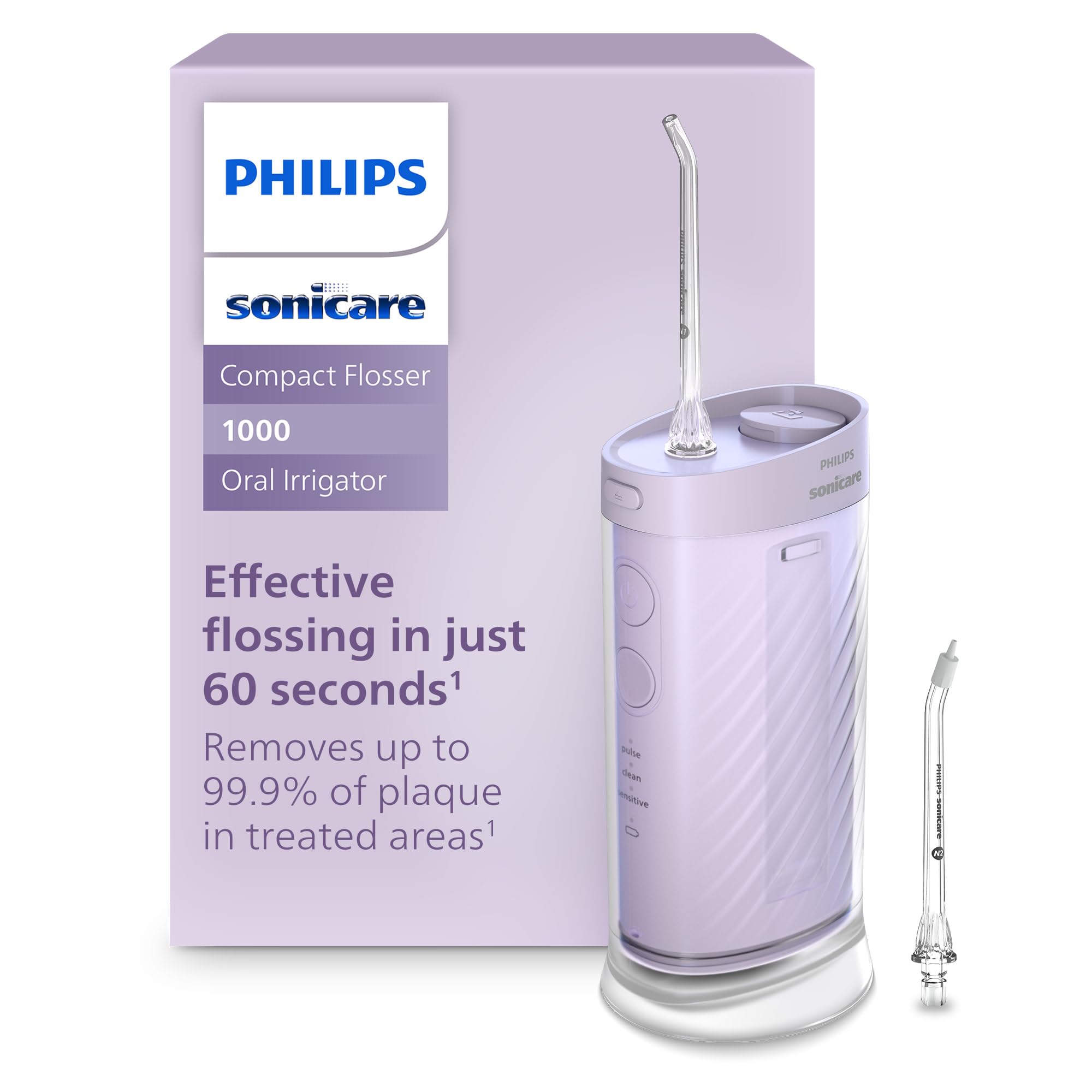 Philips Sonicare frontal del irrigador compacto mostrando controles y diseño portátil