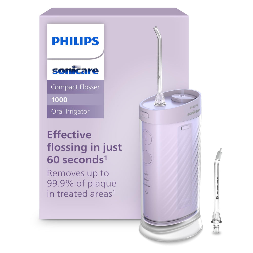 Philips Sonicare frontal del irrigador compacto mostrando controles y diseño portátil