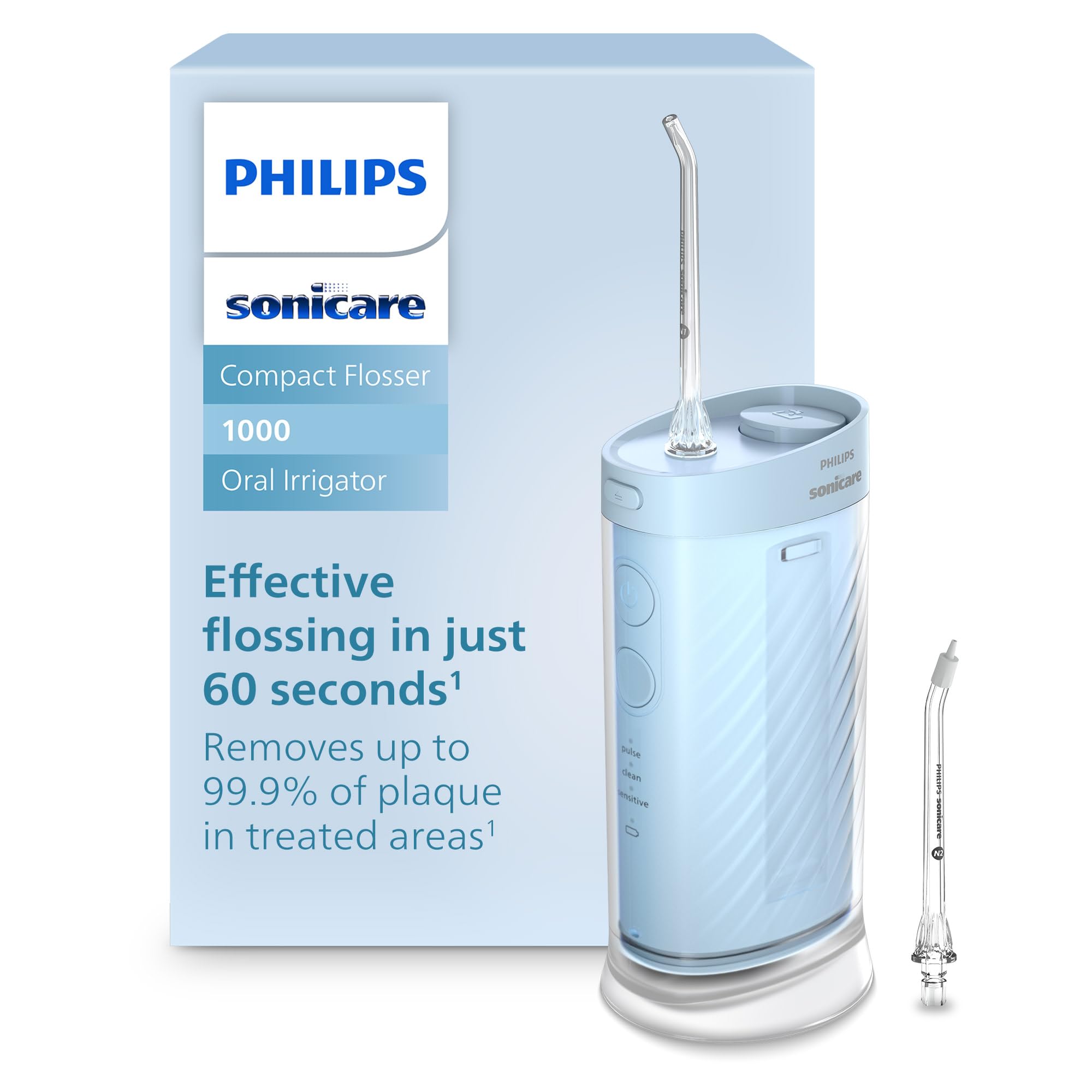 Philips Sonicare muestra el irrigador frontal azul para limpieza rápida