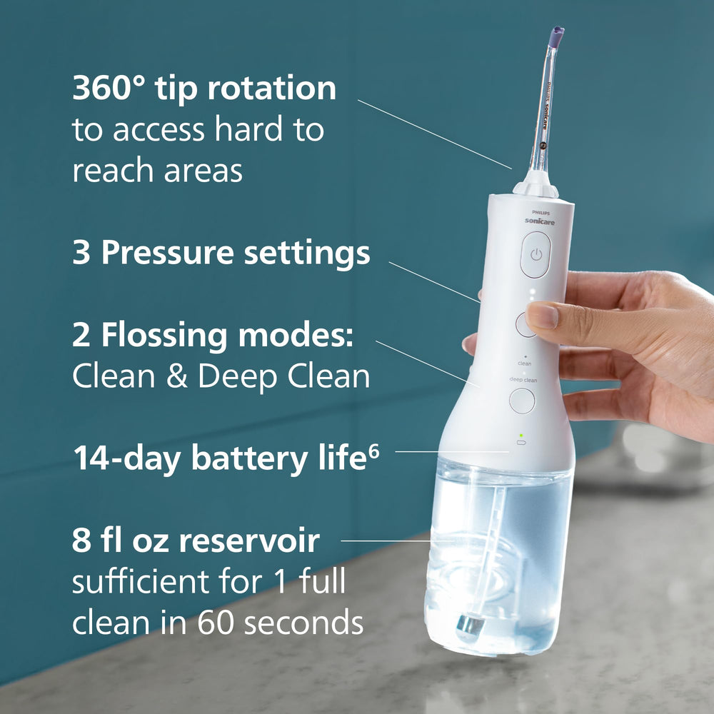 Philips Sonicare depósito de 8 onzas mostrando capacidad para un minuto de limpieza