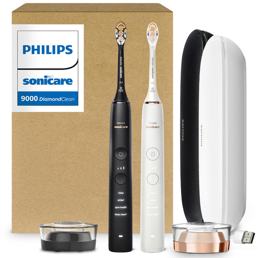 Philips Sonicare vista frontal del pack mostrando dos cepillos y accesorios, limpieza completa