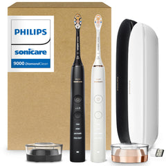 Philips Sonicare vista frontal del pack mostrando dos cepillos y accesorios, limpieza completa