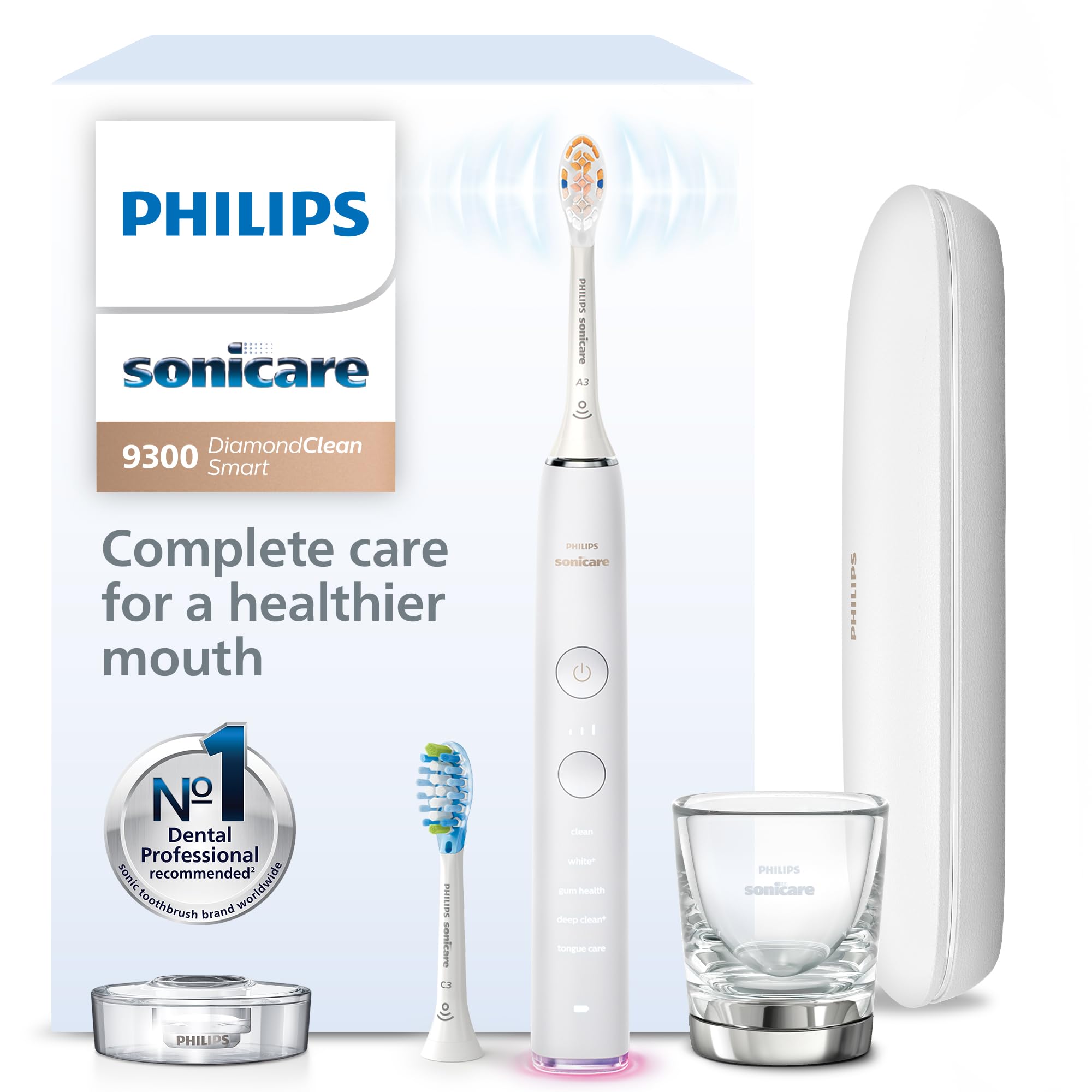 Philips Sonicare vista frontal del cepillo con diseño elegante y control claro