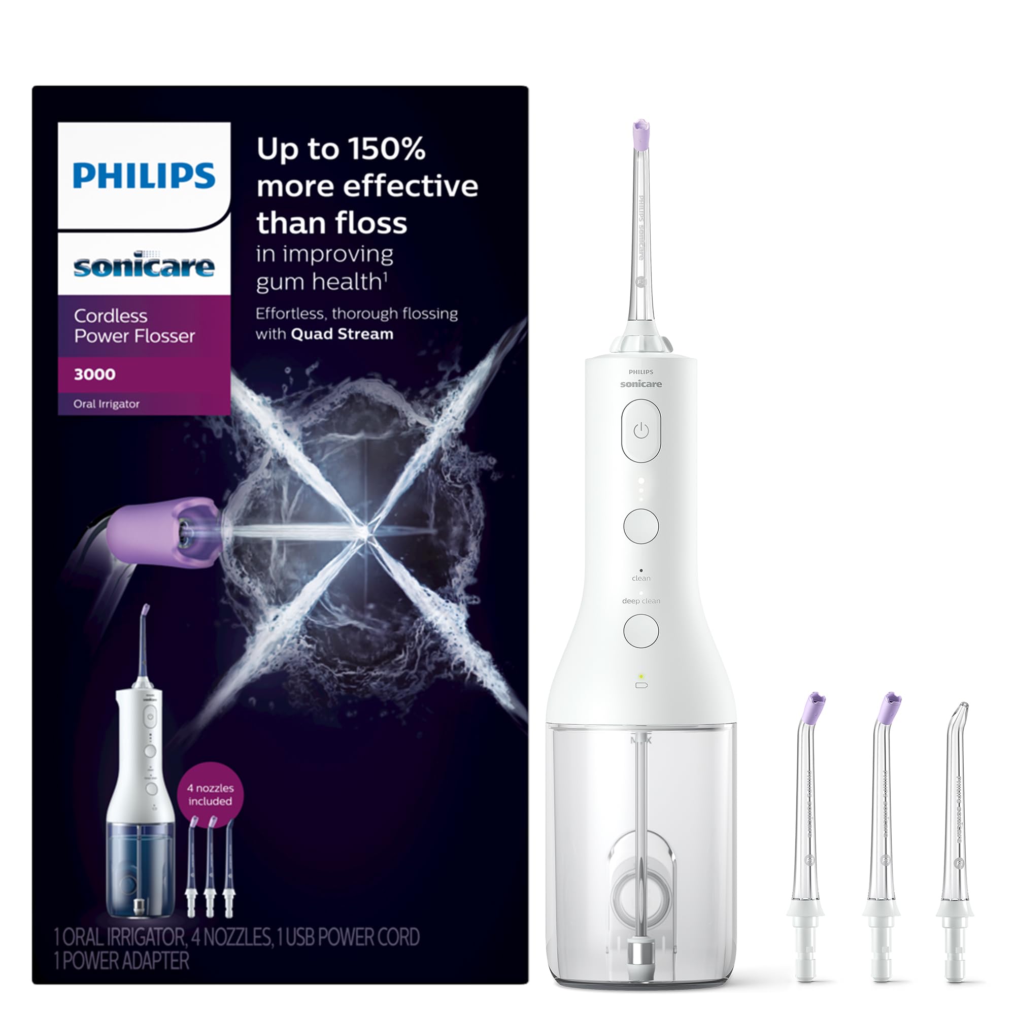 Philips Sonicare frontal del flosser con empaque, muestra beneficio portabilidad