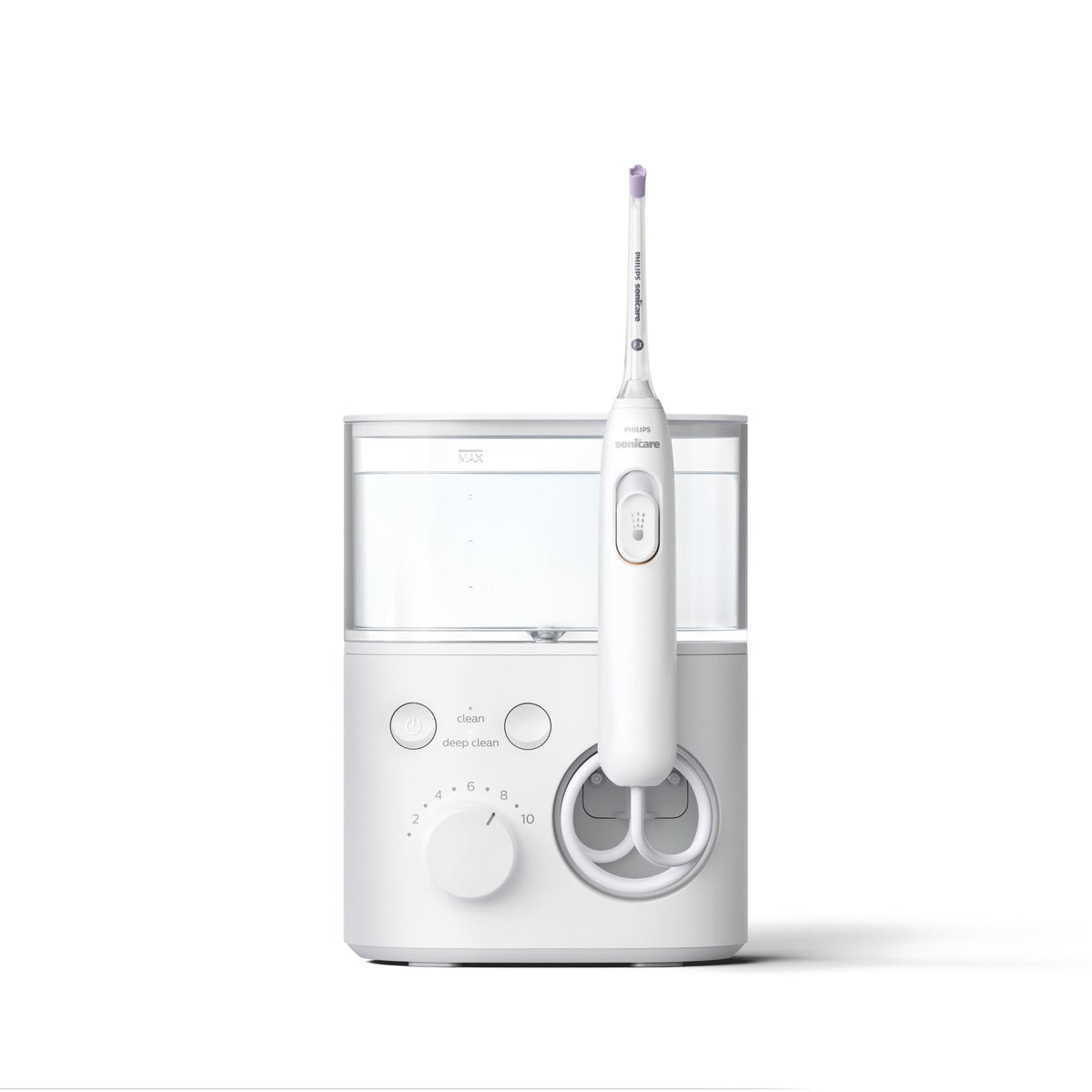Philips Sonicare vista frontal del irrigador con diseño y beneficio de fácil acceso