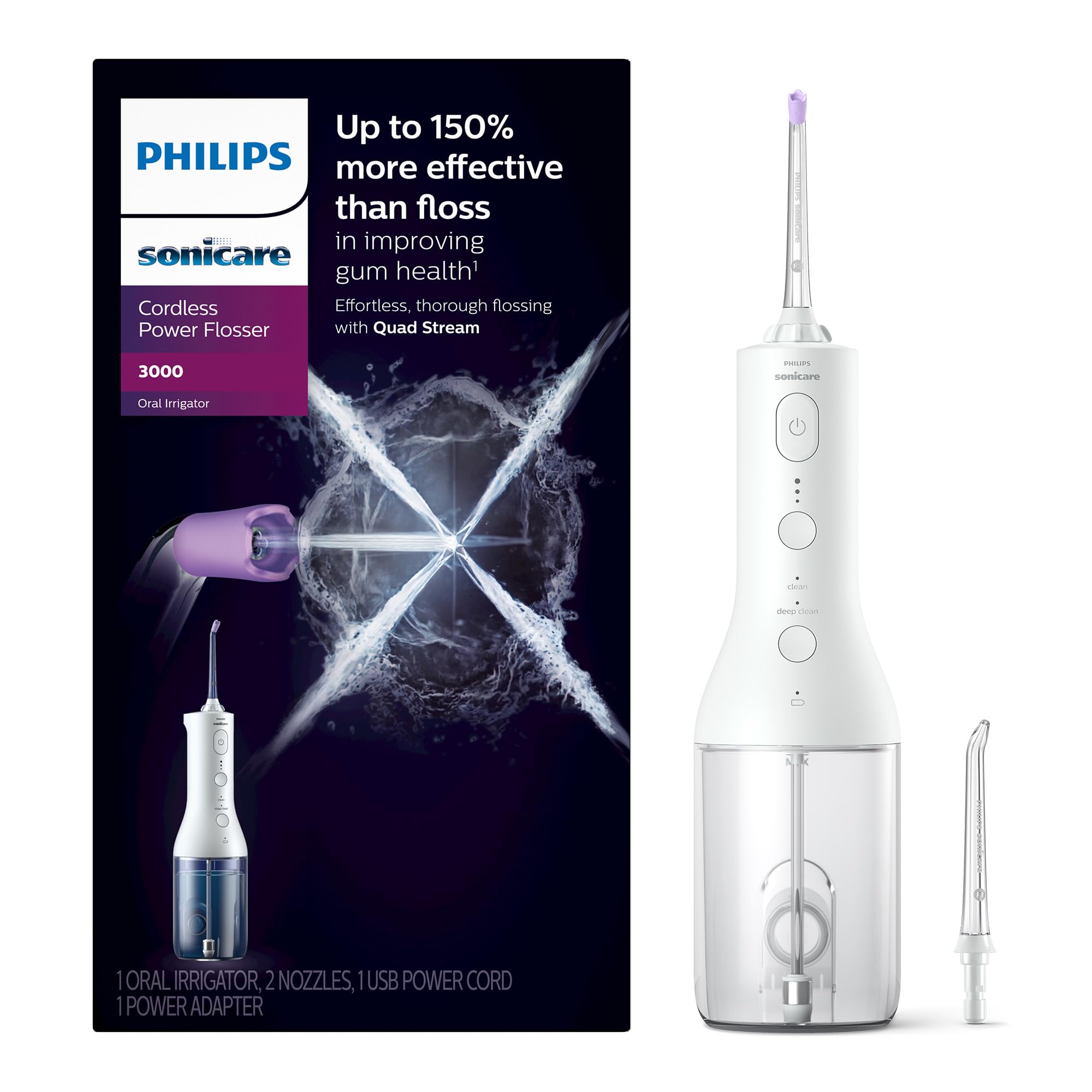 Philips Sonicare vista frontal del irrigador, control sencillo y diseño portátil