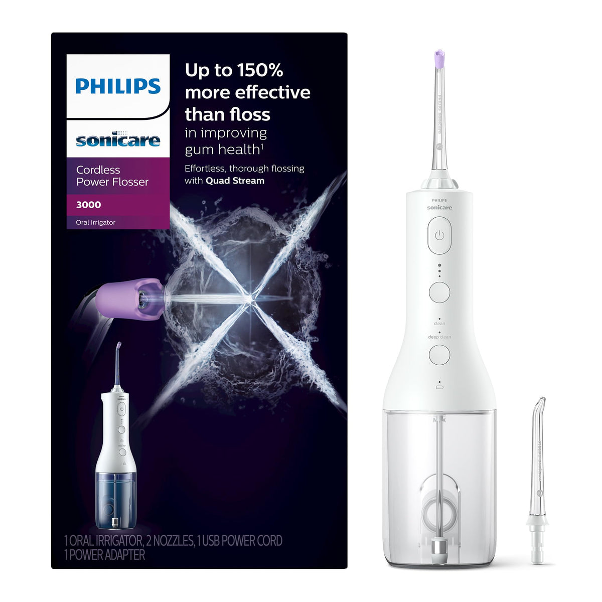 Philips Sonicare vista frontal del irrigador, control sencillo y diseño portátil