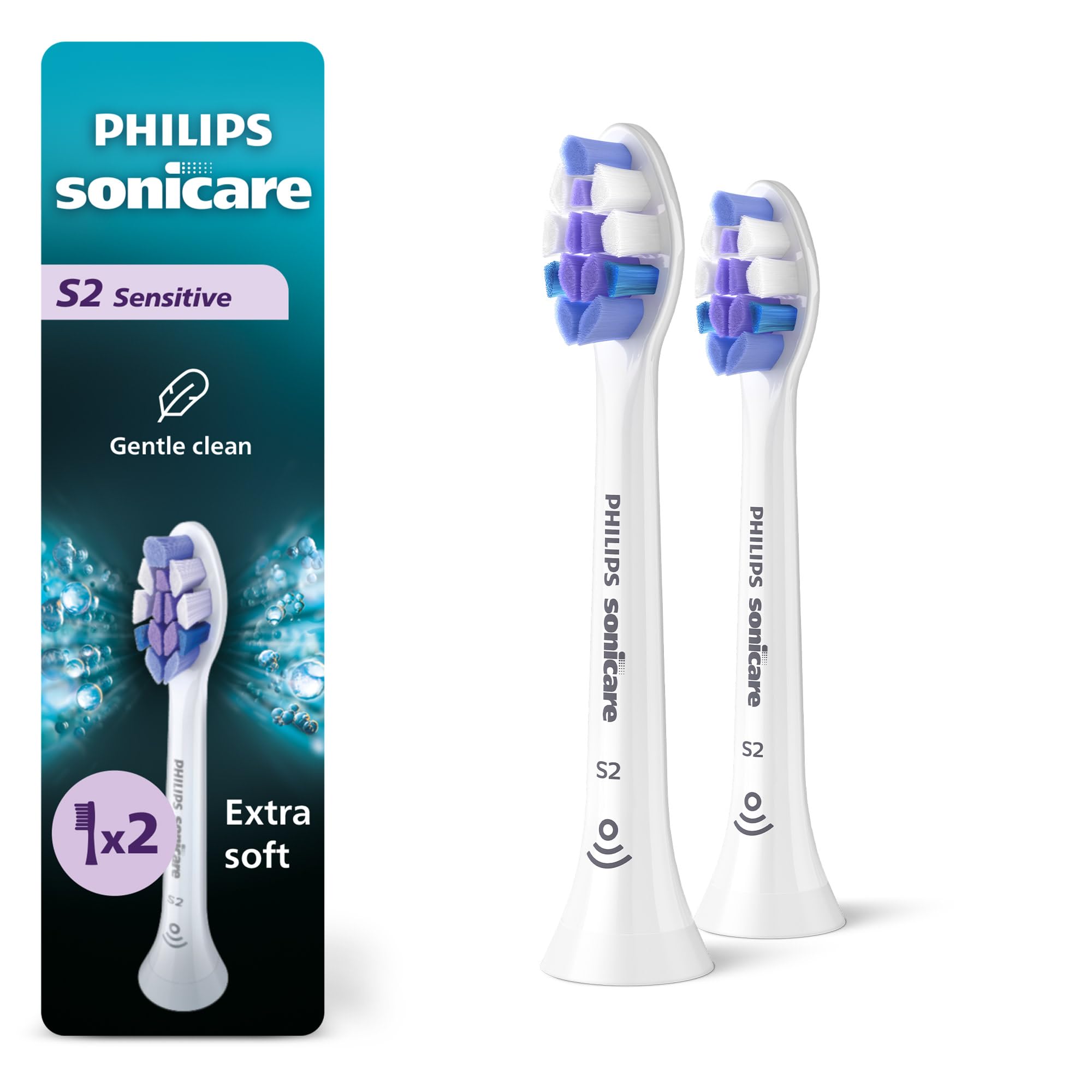 Philips Sonicare vista frontal del empaque con dos cabezas, limpia y práctica