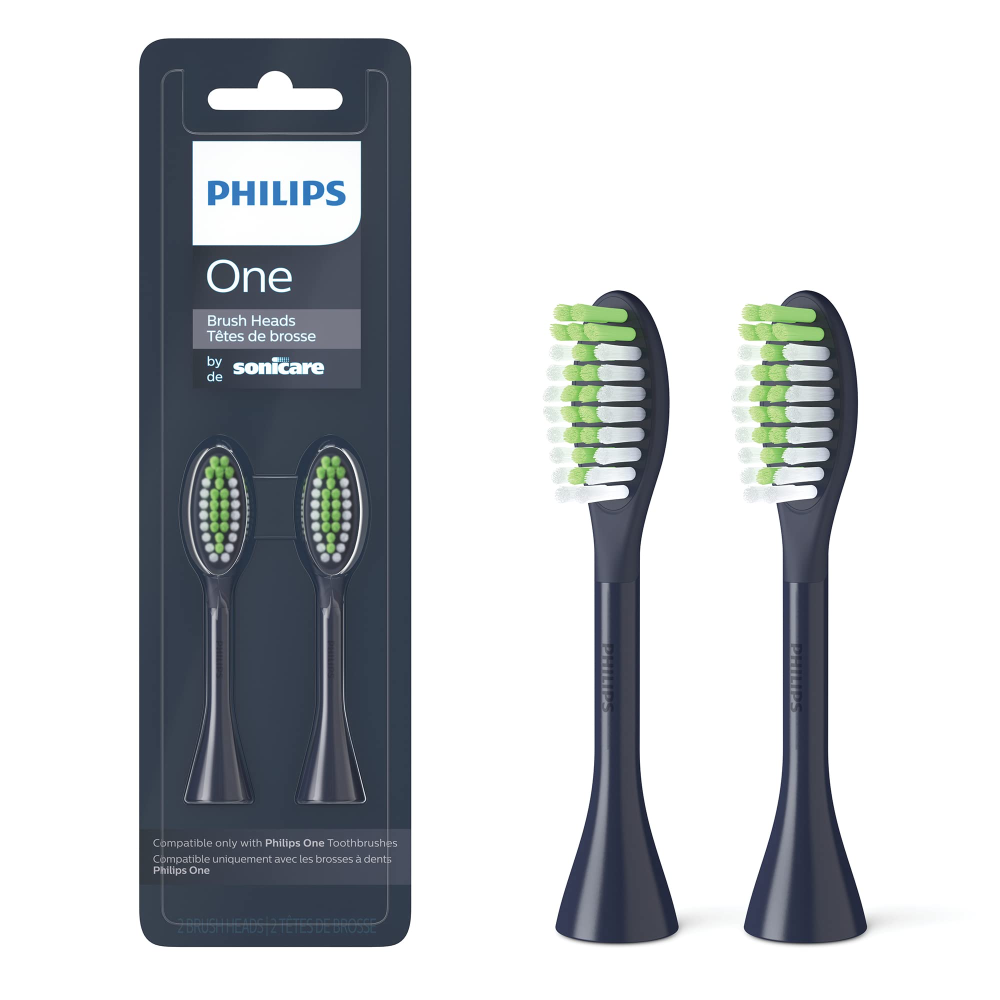 Philips Sonicare frontal del empaque mostrando dos cabezales y beneficio de recambio original