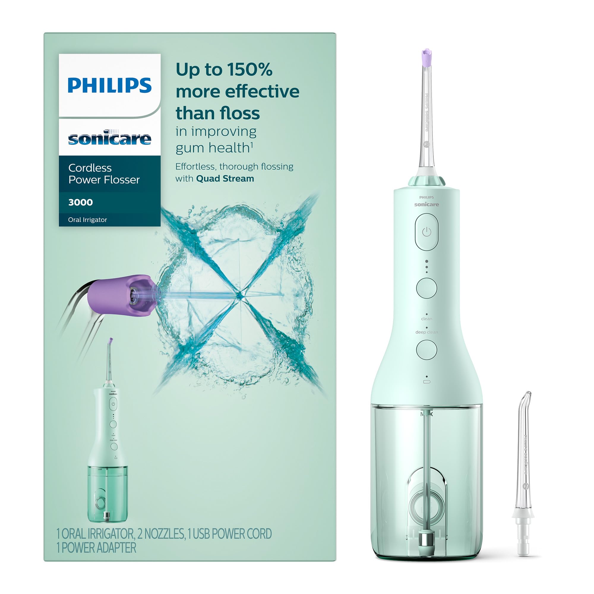 Philips Sonicare vista frontal del irrigador, presentación clara y compacta beneficiosa