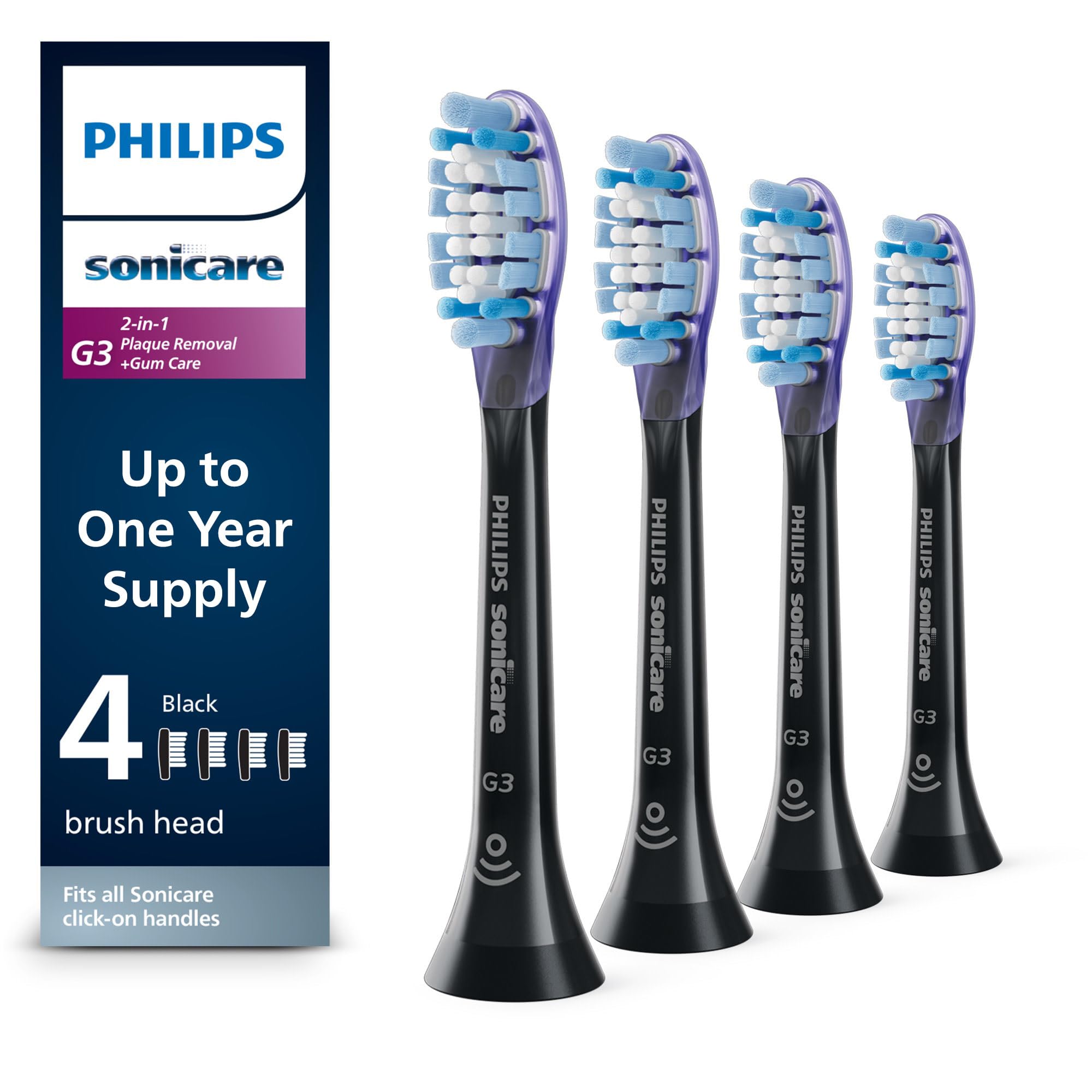 Philips Sonicare frontal del pack mostrando 4 cabezales y beneficios