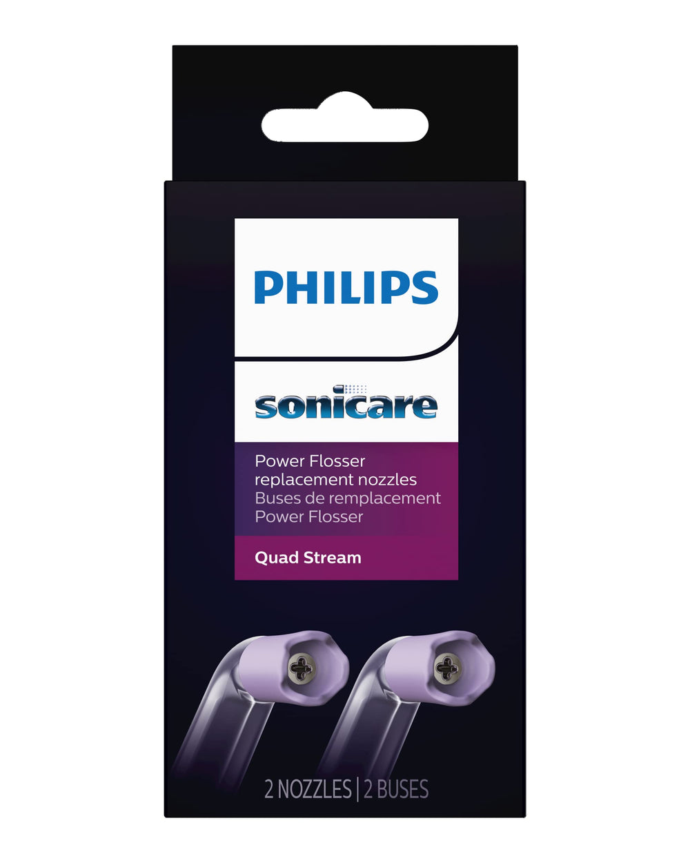 Philips Sonicare vista frontal de dos boquillas Quad Stream mostrando diseño y compatibilidad