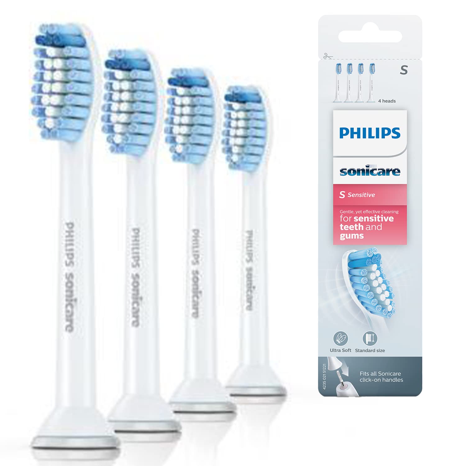 Philips Sonicare cabezales Sensitive vista frontal del paquete, reemplazo cómodo y suave