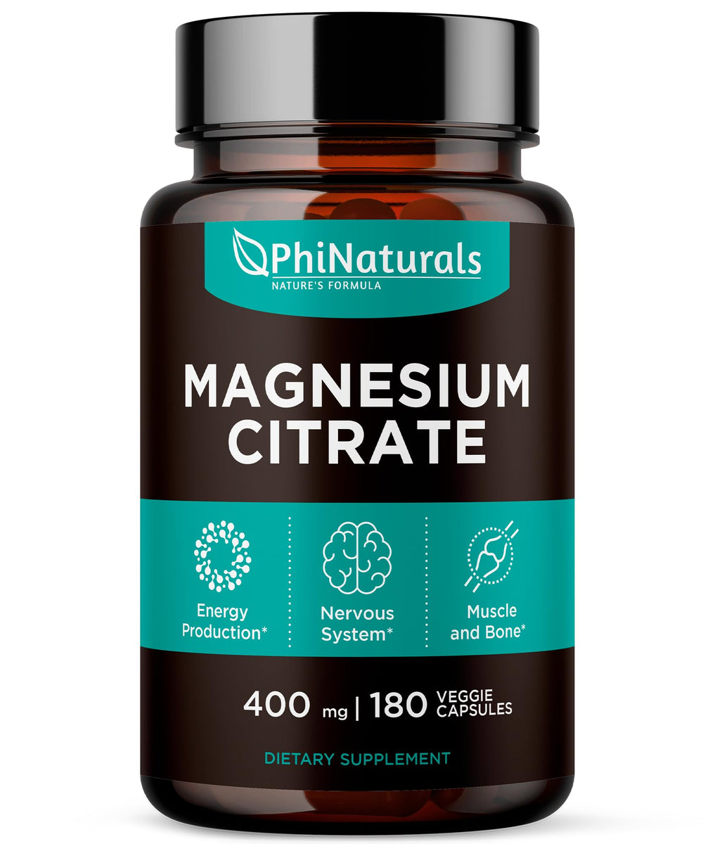 PhiNaturals frasco frontal de magnesio citrato mostrando etiqueta clara y fácil uso