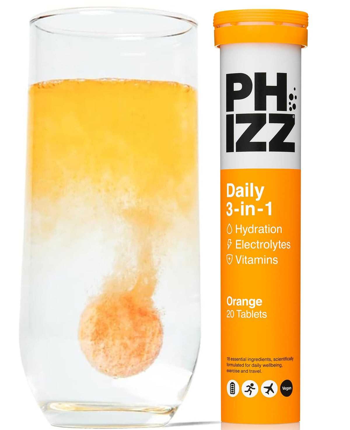 Phizz tubo frontal naranja mostrando diseño y conveniencia