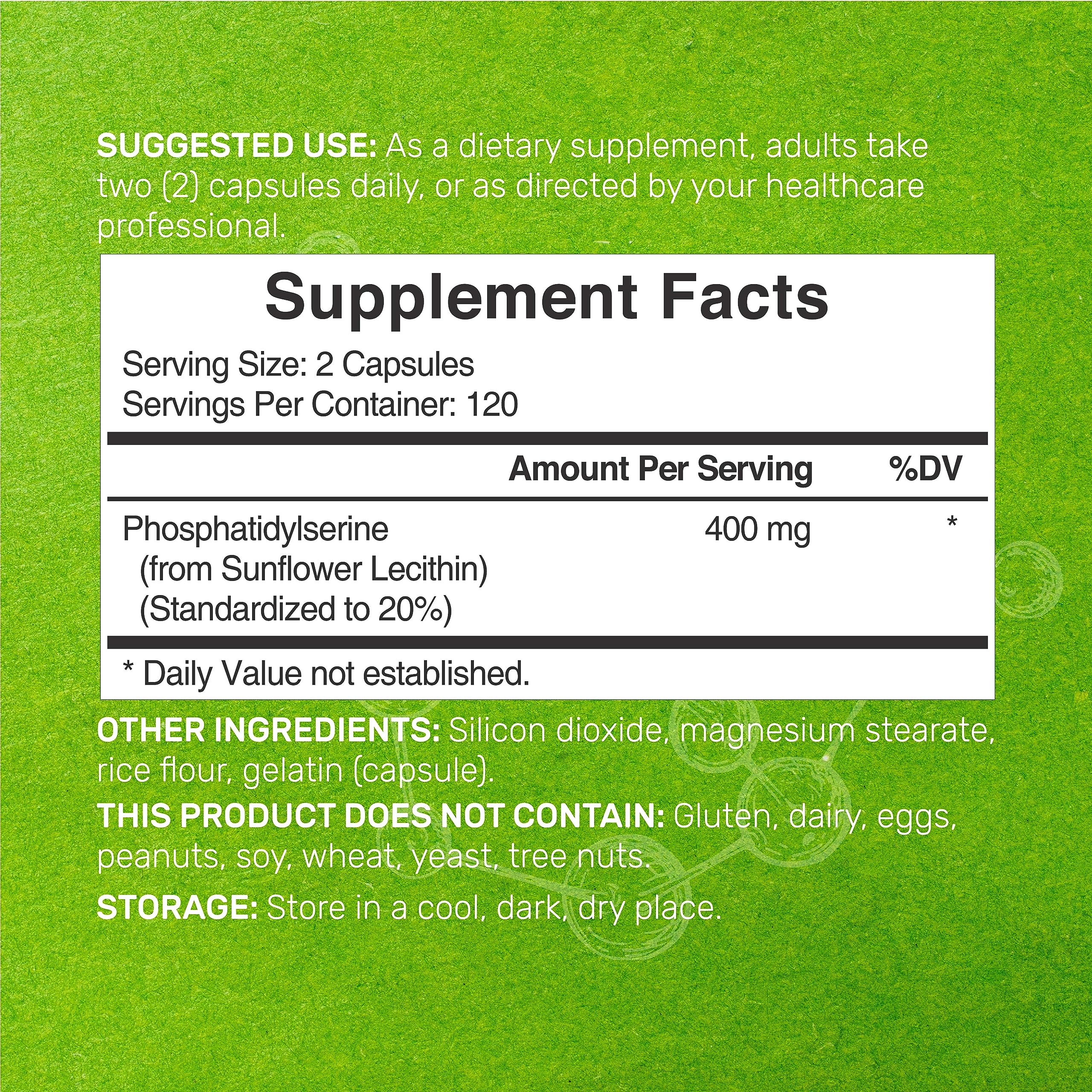 Phosphatidylserine detalle de etiqueta con información de 400 mg y beneficio de estandarización