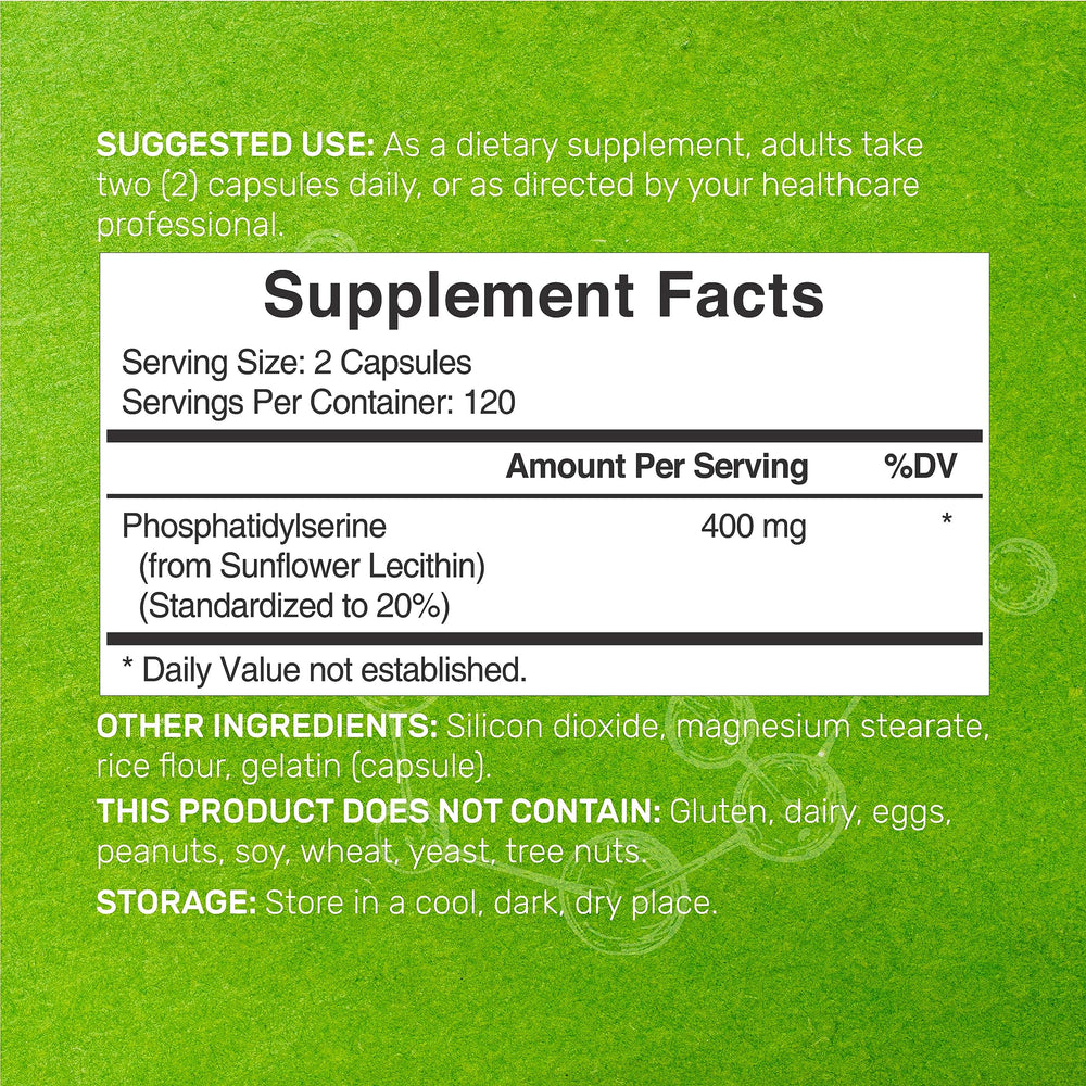 Phosphatidylserine detalle de etiqueta con información de 400 mg y beneficio de estandarización