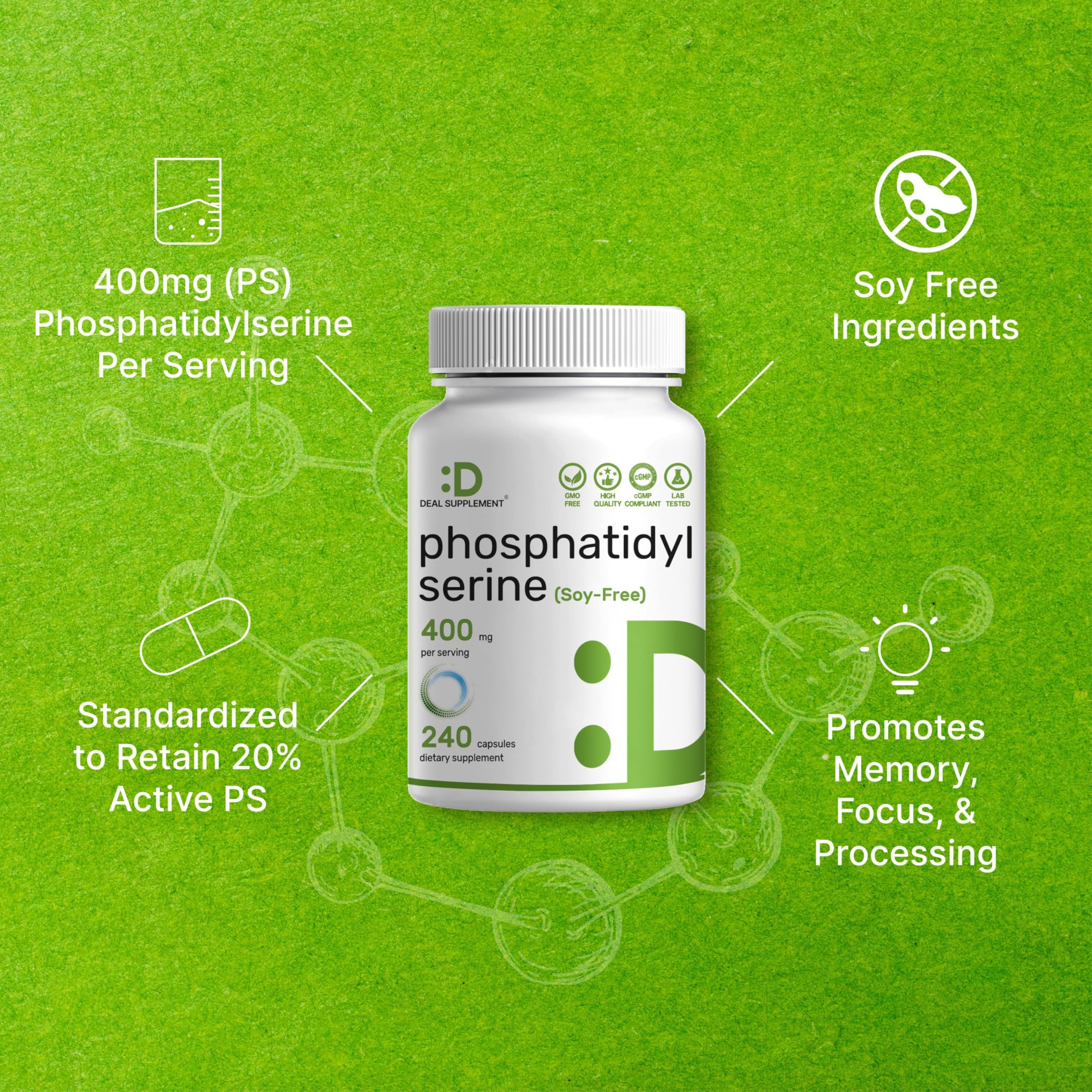 Phosphatidylserine frasco abierto con cápsulas visibles y beneficio de acceso inmediato al suplemento