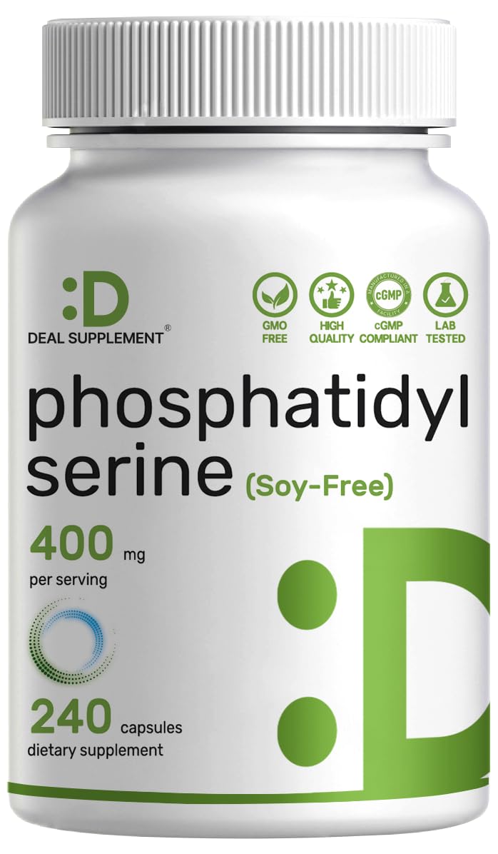 Phosphatidylserine frontal del envase mostrando 240 cápsulas y beneficio de suministro duradero