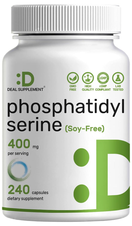 Phosphatidylserine frontal del envase mostrando 240 cápsulas y beneficio de suministro duradero