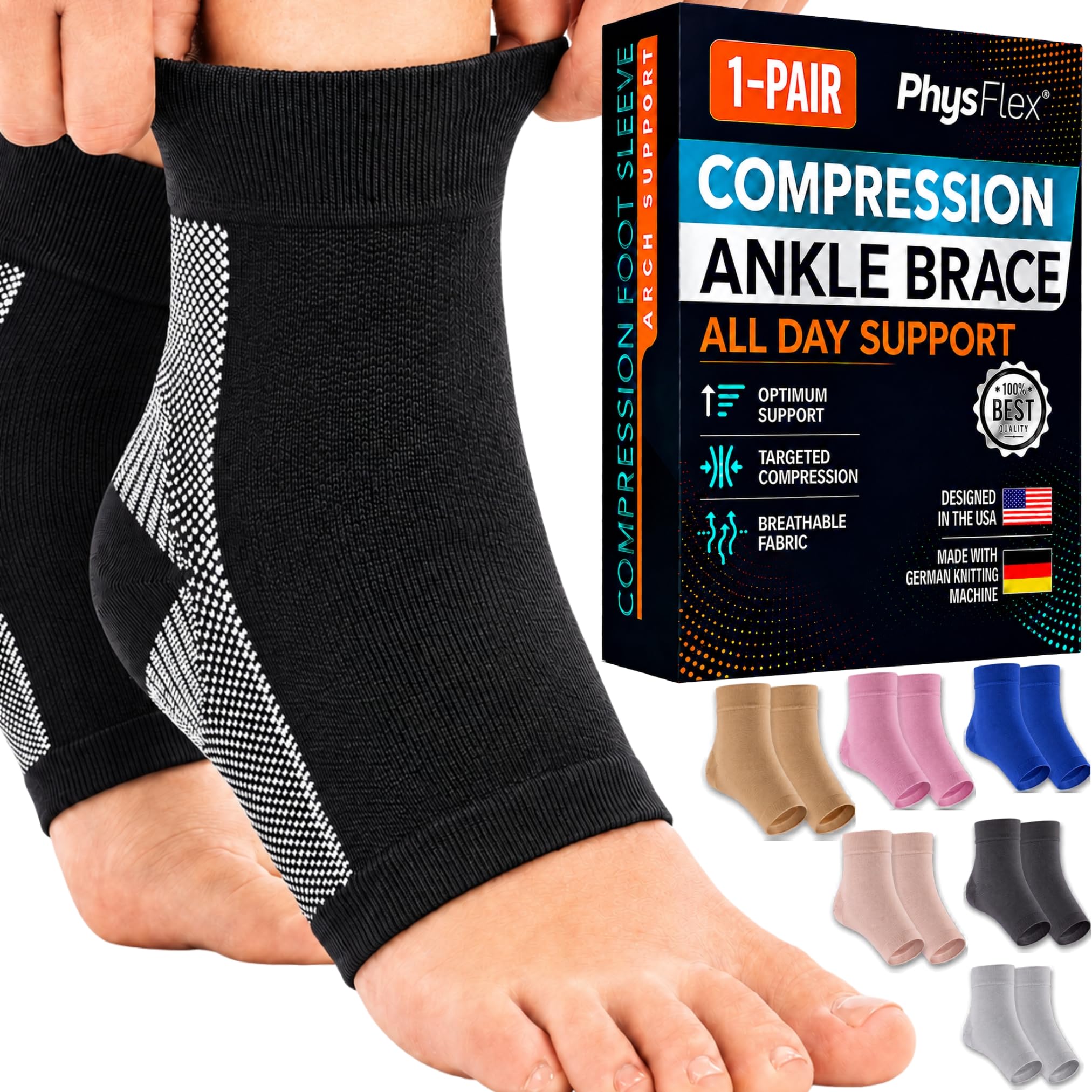 PhysFlex empaque frontal mostrando el par y beneficios de compresión