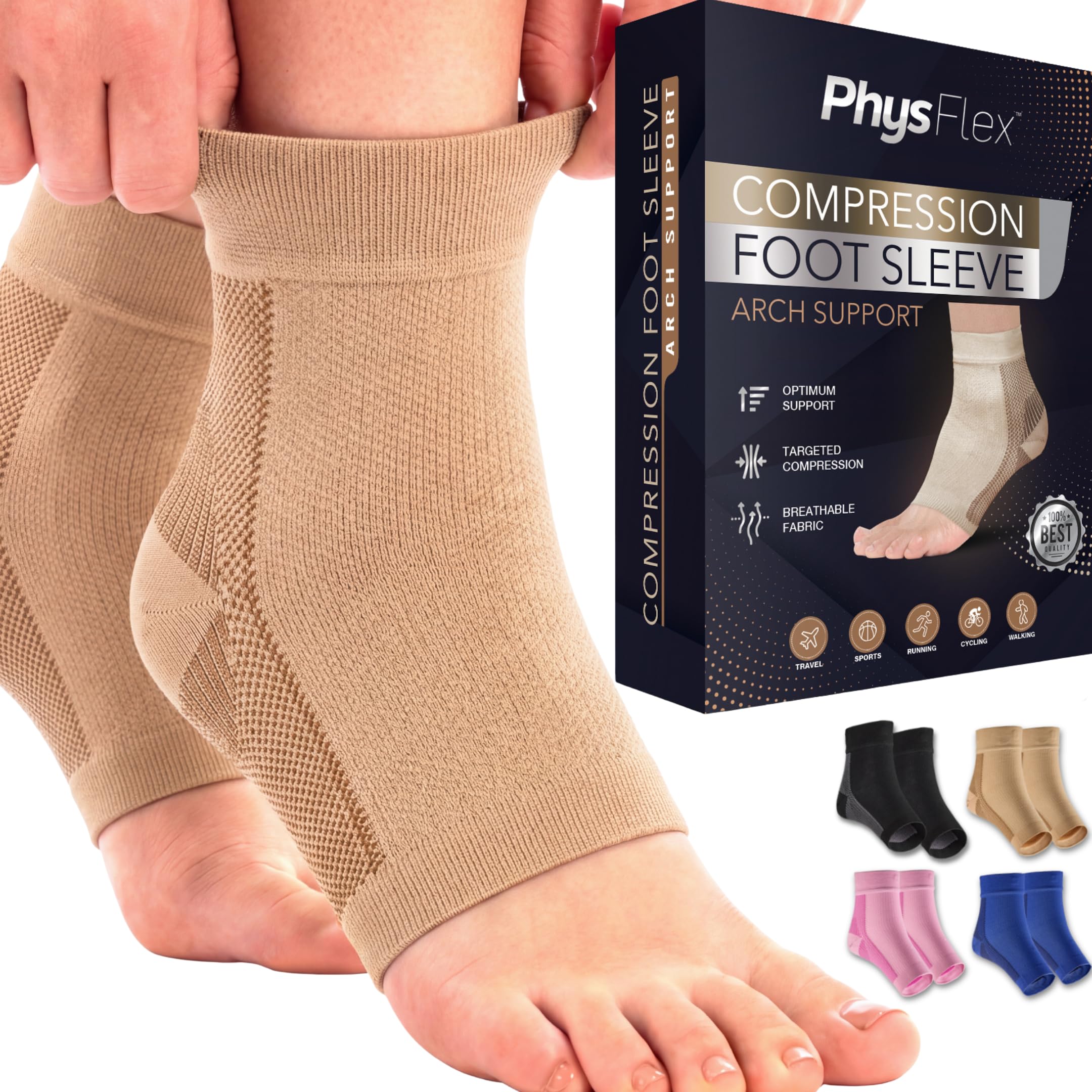 PhysFlex vista frontal del empaque mostrando diseño y compresión para soporte